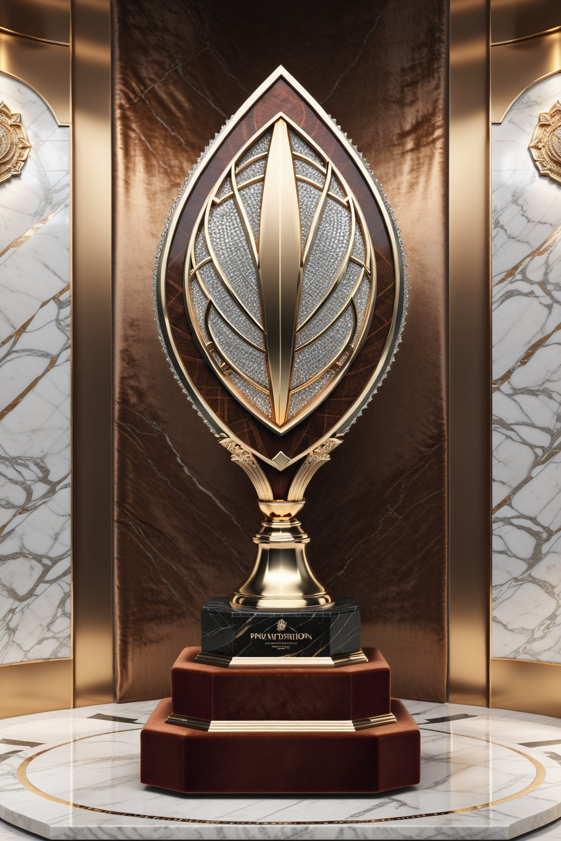 High definition photorealistic render of a luxurious trophy inspiration on rugby, in metal and marble brown rugby color, in diamond-encrusted metal, with fluid and parametric curves, located on a marble and metal throne, with intricate details, and luxurious velvet fabric full of elegant mystery, symmetrical, geometric and parametric details, Technical design, Ultra intricate details, Ornate details. shutter speed 1/1000, f/22, white balance, vintage aesthetic, retro aesthetic, retro film, dramatic setting, horror film