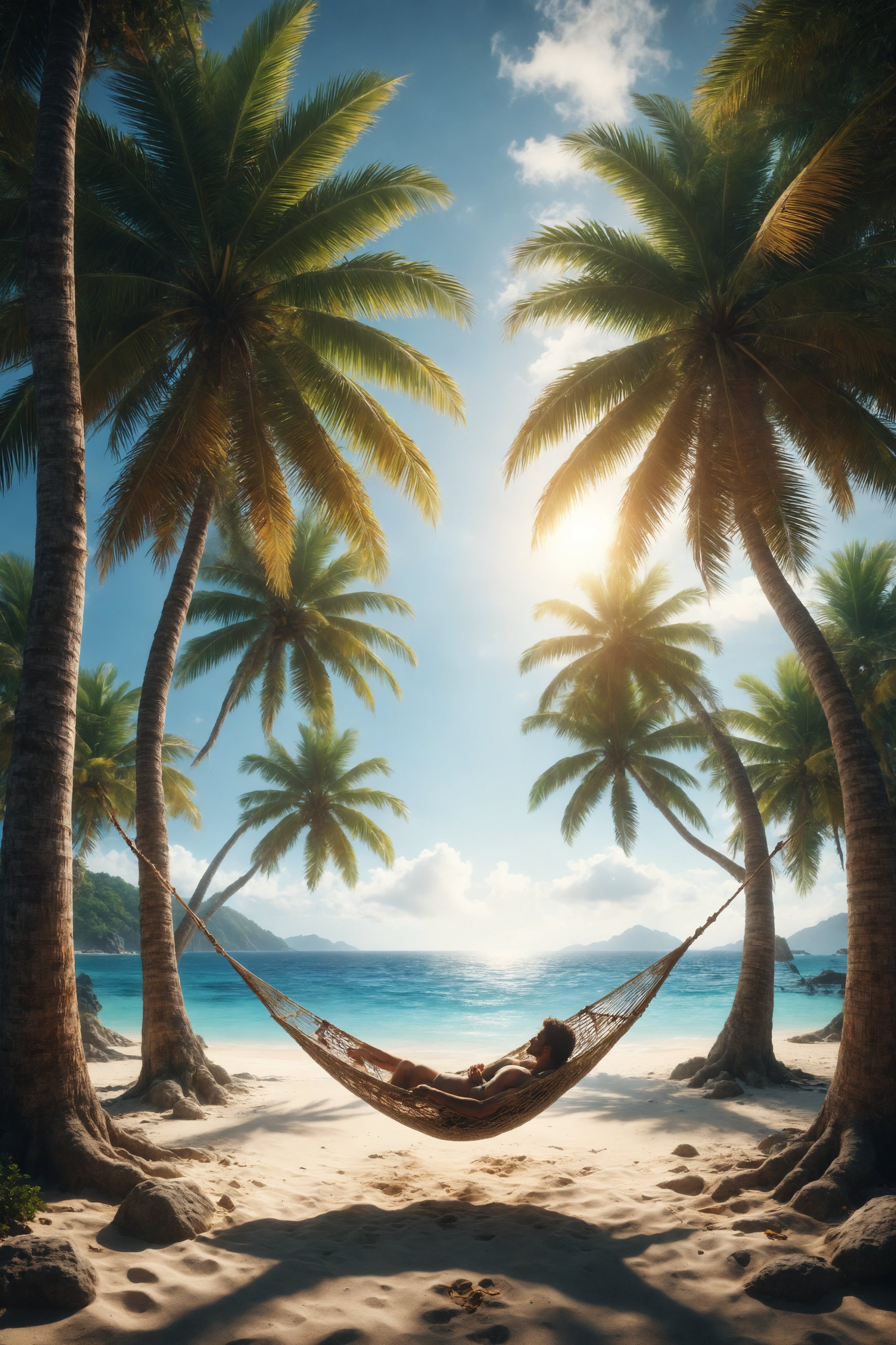 Design a scene of a person resting in a hammock strung between two palm trees on a tropical island.
