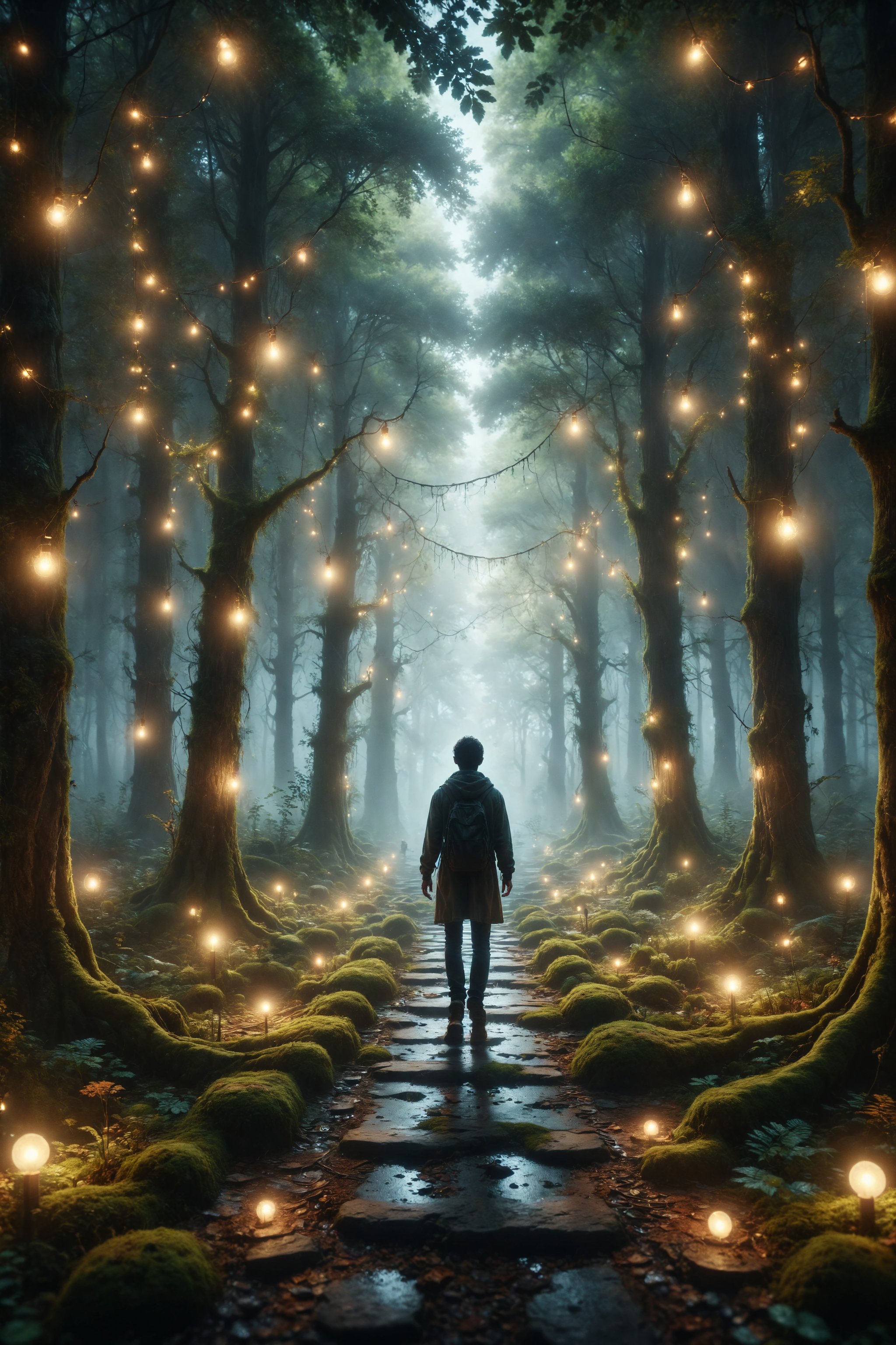 Design a scene of a person walking on a path of floating lights in an enchanted forest.