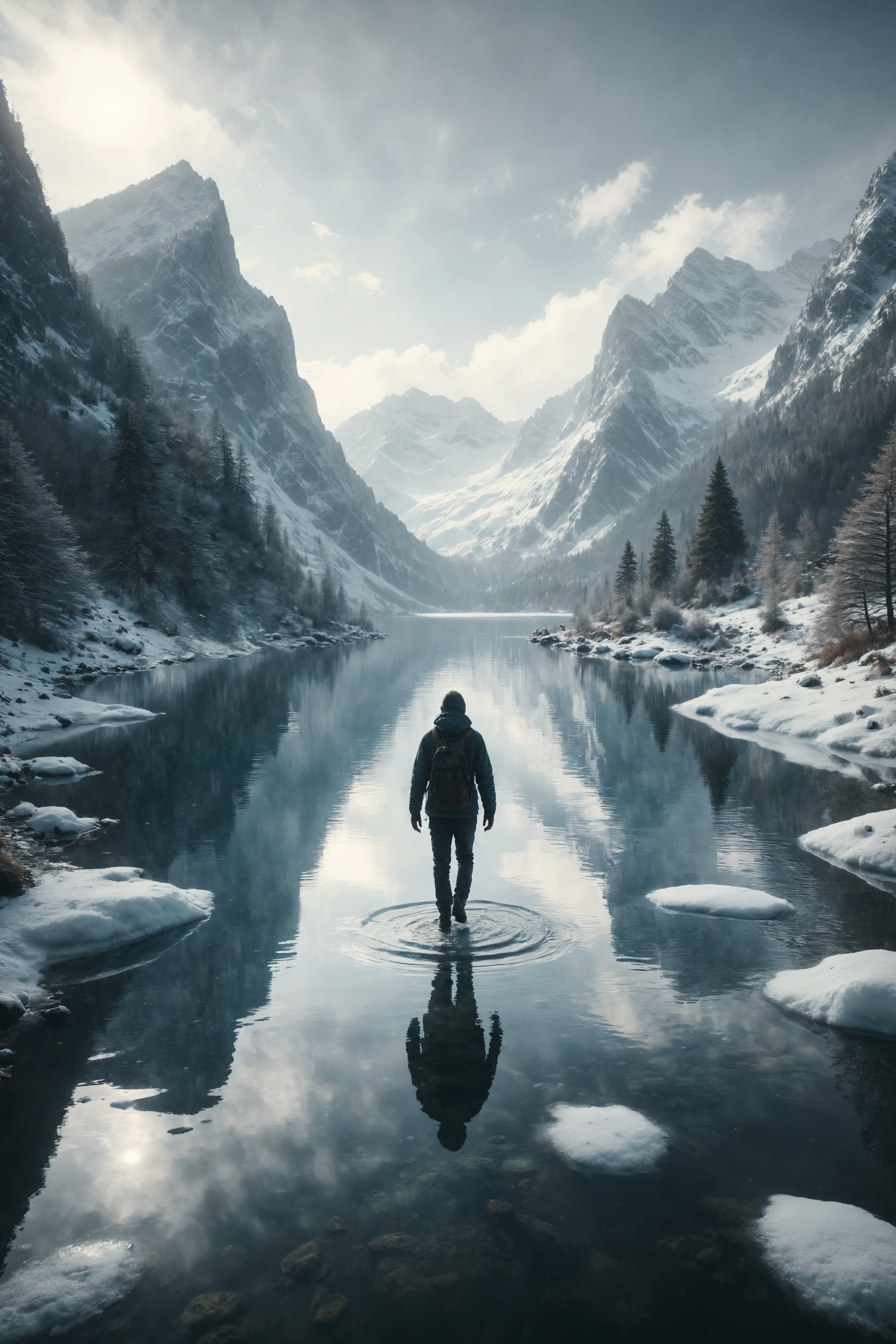 Generate an image of a person walking on water in a serene lake surrounded by snow-capped mountains.