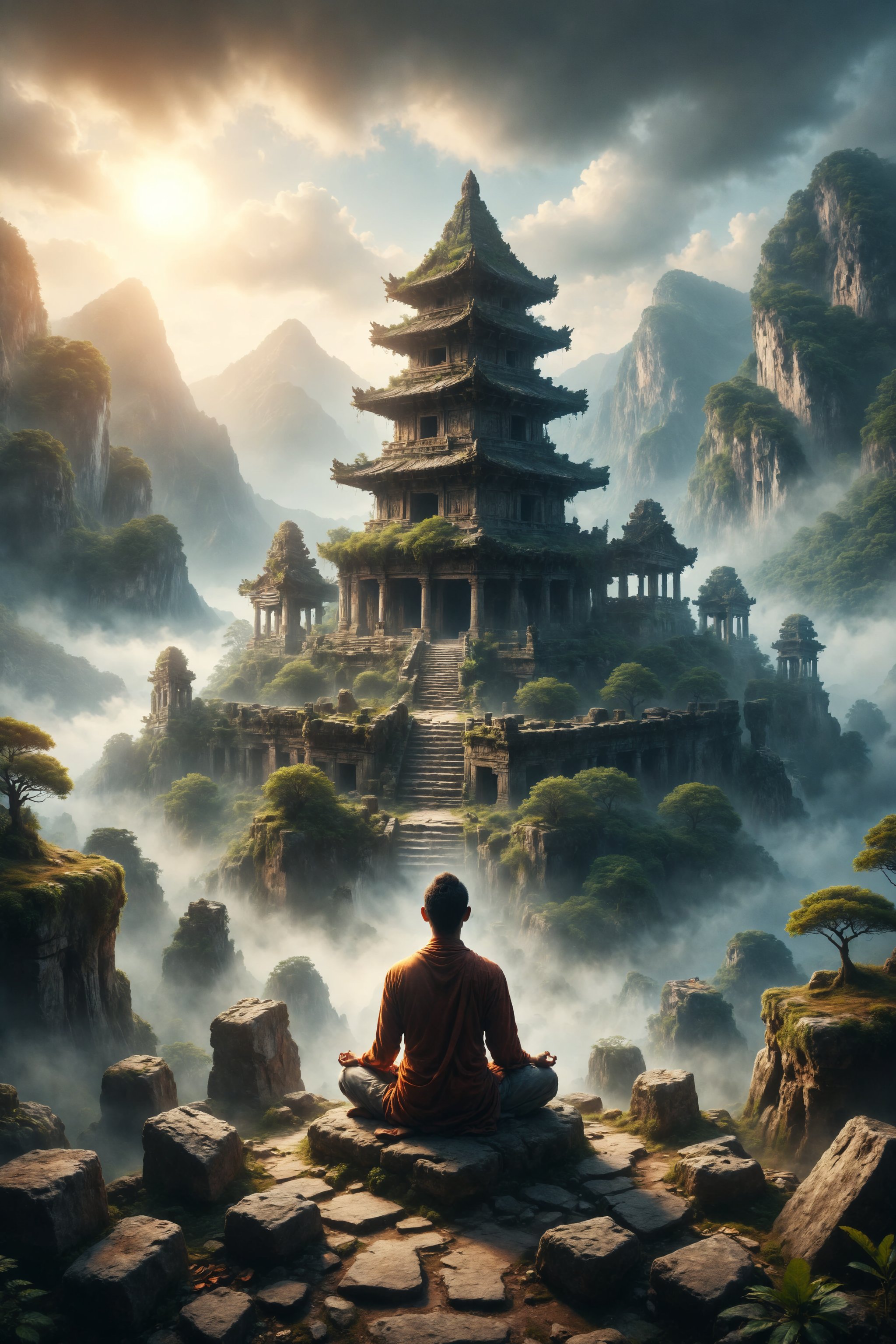 Create an illustration of a person meditating in an ancient temple on top of a mountain.