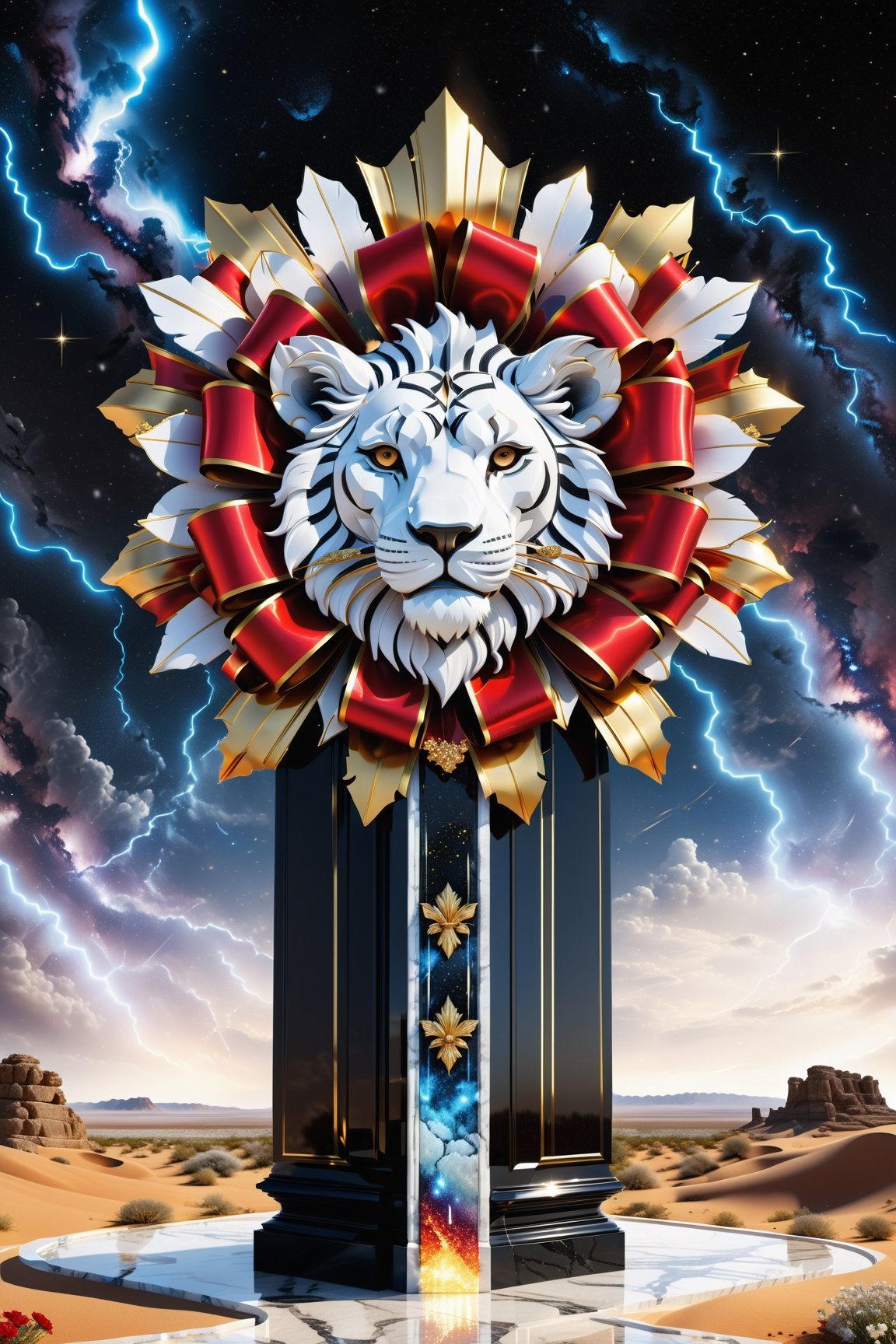 High definition photorealistic render of an incredible and mysterious beautiful and luxurious decorative bow made of ribbon with form of a lion, symmetrical and parametric fire with intricate gold and white marble details, placed on a luxurious column-style in black and white marble with crystal and glass with iridescent details and parametric style, located in a desert night landscape, a sky visible to interstellar space, with asteroids, space matter, galaxies, lightning, rain and stars with flowers, white and red feathers, a surreal scene with floating sands
