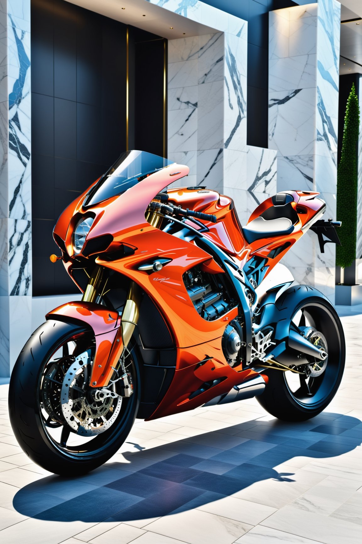 High definition photorealistic render of an incredible and mysterious floral masterpiece of a GP sports bike made only with flowers and metallic details on the exterior of a hotel with parametric architecture of marble and metal and parametric glass inspired by Zaha Hadid