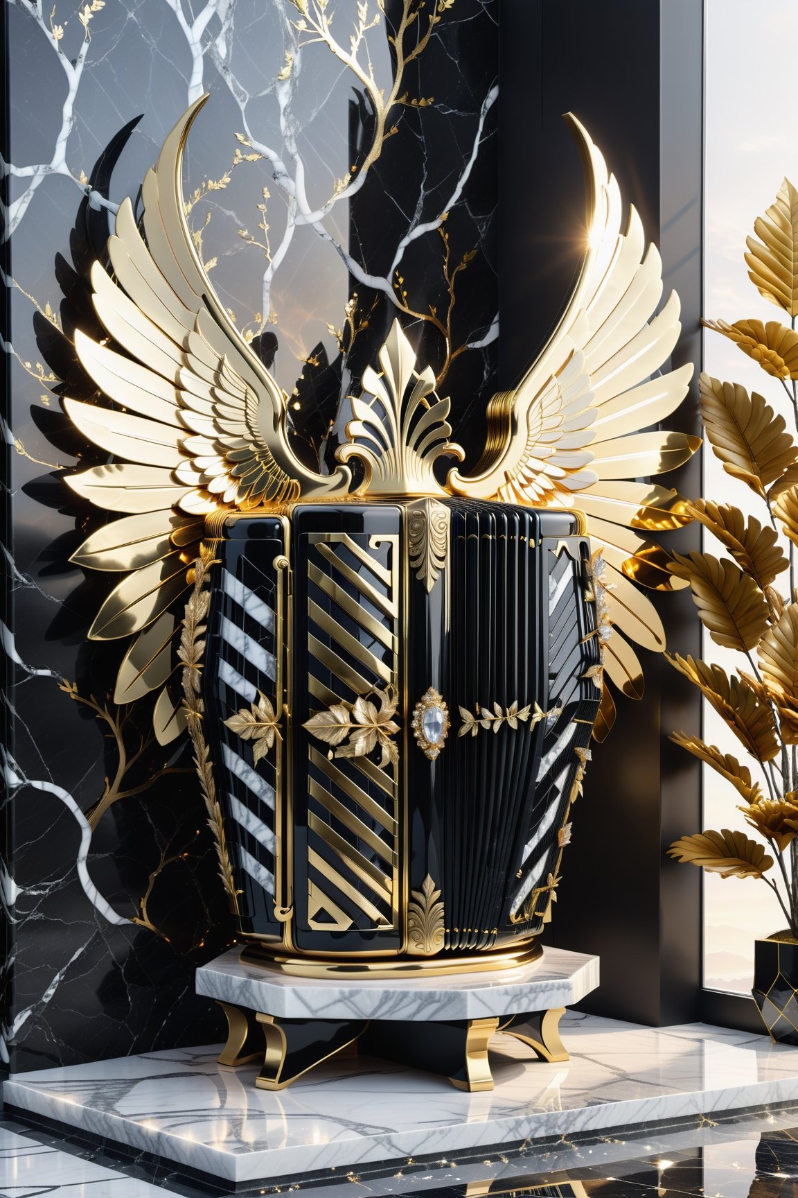 High definition photorealistic render of an incredible and mysterious beautiful and luxurious Accordion with intricate gold and white marble details and wings adorning the design, placed on a luxurious column-style throne in black and white marble with crystal and glass with iridescent details and parametric style, located in a daytime landscape with an ice floor, with leaves autumn, many flowers and dry trees, with a strong sun in the background with fire and smoke