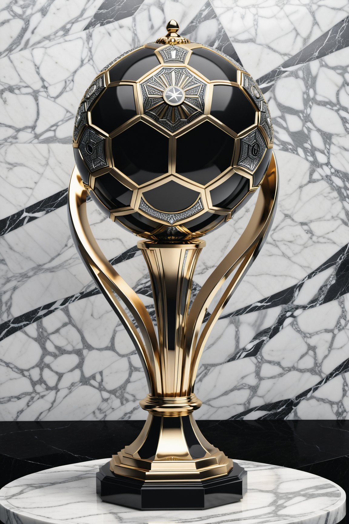 High definition photorealistic render of a luxurious trophy inspiration on fotball, in metal and marble black and withe, in diamond-encrusted metal, with fluid and parametric curves, located on a marble and metal throne, with intricate details, and luxurious velvet fabric full of elegant mystery, symmetrical, geometric and parametric details, Technical design, Ultra intricate details, Ornate details. shutter speed 1/1000, f/22, white balance, vintage aesthetic, retro aesthetic, retro film, dramatic setting, horror film