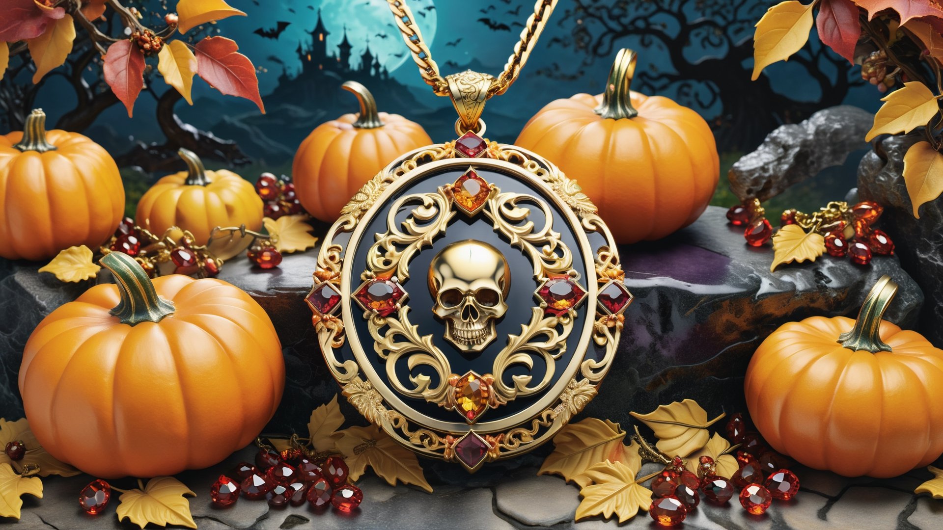 Photorealistic representation in high definition of luxurious and mythical chain pendant with oriental design, with precious stones, gold, glass and marble in a desert, with ornamental details in baroque style and immersed in autumn flowers and leaves, next to it it should be surrounded by pumpkins, with spooky paths, and details in skulls, a mythical Halloween scene immersed in the majestic background of a garden with a baroque theme, Halloween autumn theme