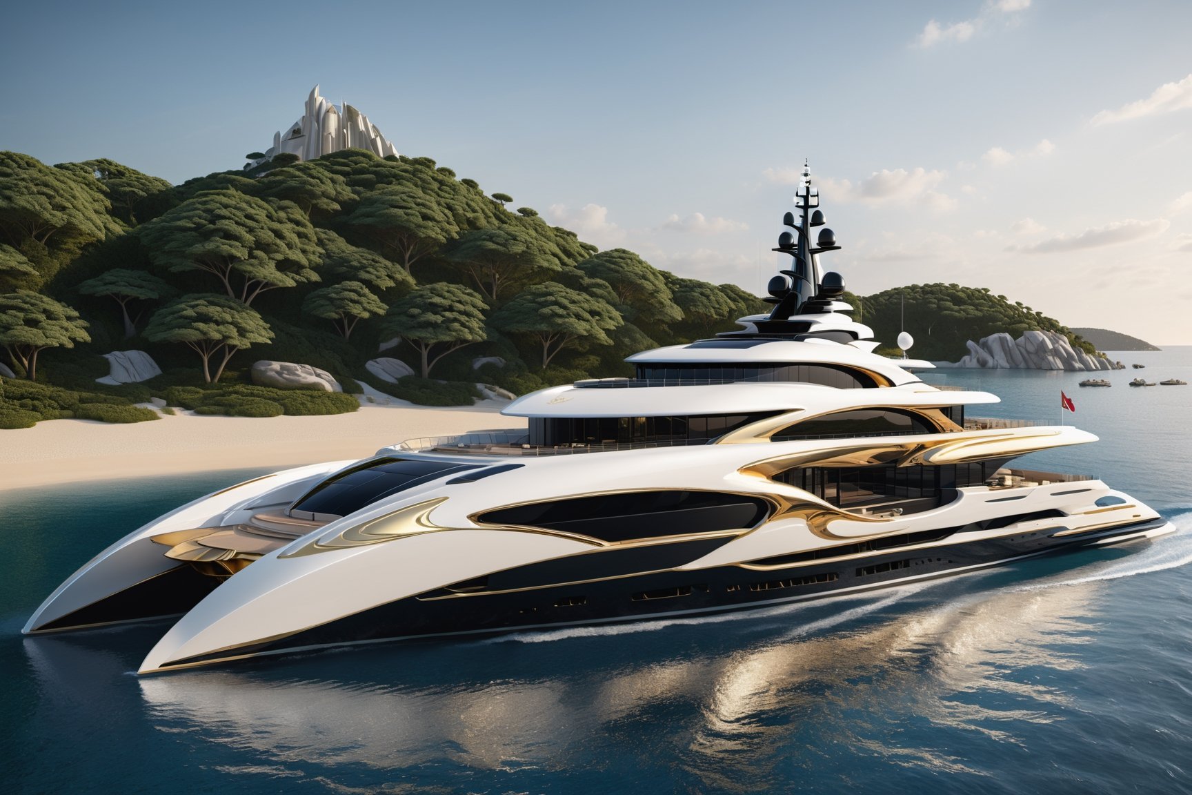 High definition photorealistic render of a luxury super yacht on a private beach, very sculptural and with fluid and organic shapes, with symmetrical curves in the shape of dragon wings inspired by the style of Zaha Hadid, gold, with black and white details. The design is inspired by the Tomorrowland 2022 main stage, with ultra-realistic Art Deco details and a high level of image complexity