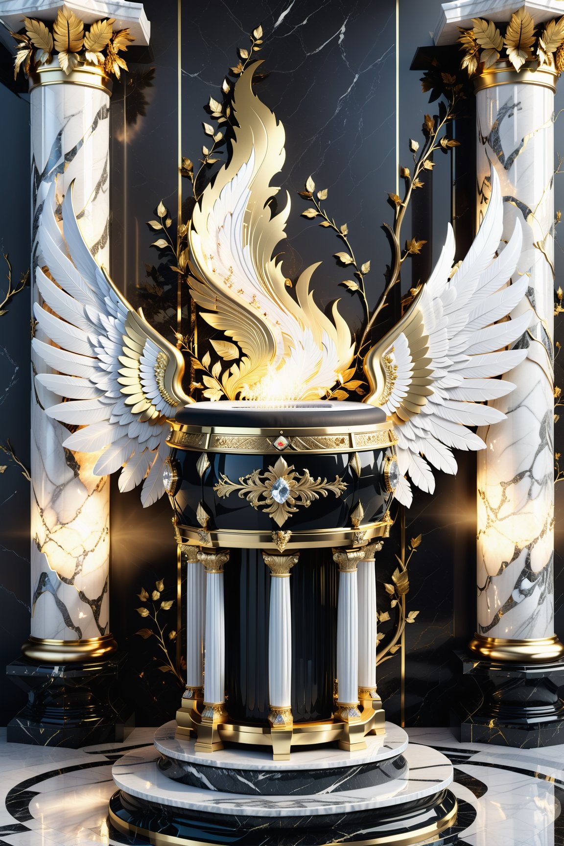 High definition photorealistic render of an incredible and mysterious beautiful and luxurious drums with intricate gold and white marble details and wings adorning the design, placed on a luxurious column-style throne in black and white marble with crystal and glass with iridescent details and parametric style, located in a daytime landscape with an ice floor, with leaves autumn, many flowers and dry trees, with a strong sun in the background with fire and smoke
