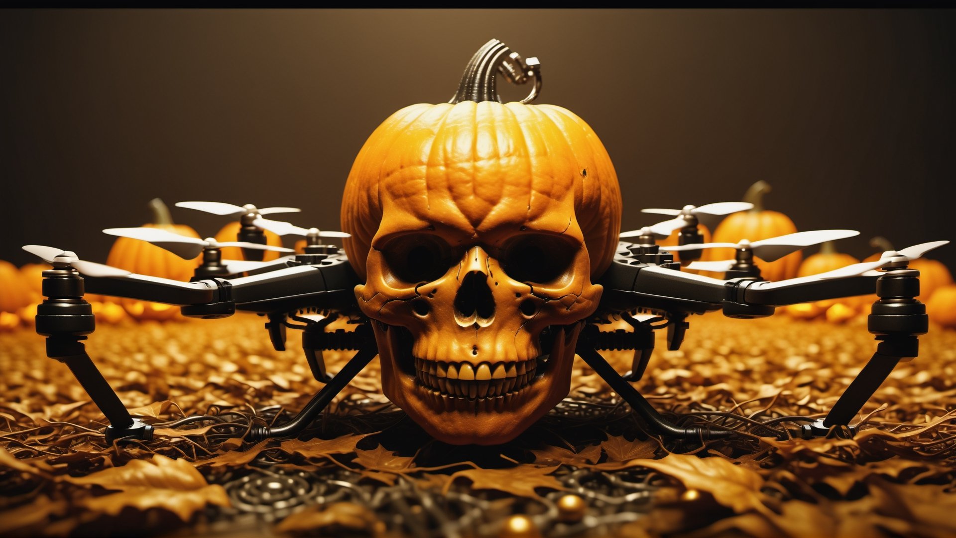 (best quality,  highres,  ultra high resolution,  masterpiece,  realistic,  extremely photograph,  detailed photo,  8K wallpaper,  intricate detail,  film grains), luxurious plastic drone in cyberpunk style, futuristic straight lines in orange black and gold plastics, luxurious with beautiful steampunk details, such as gears and capsules, themed with pumpkins and skulls in a terrifying Halloween atmosphere in autumn. This is a photographic scene designed with advanced photography, CGI, and VFX parameters, in high definition, ensuring flawless execution. high level of intricacy in the image.