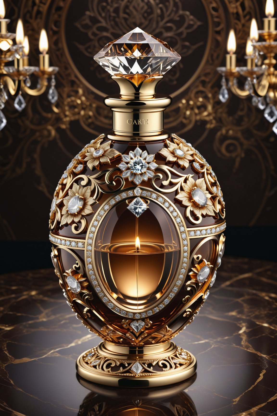 (best quality, highres, ultra high resolution, masterpiece, realistic, extremely photograph, detailed photo, 8K wallpaper, intricate detail, film grains) Photorealistic render in high definition of a majestic perfume made of crystal sculpted in ornamental parametric style, inlaid with diamonds and precious stones, morphologically and conceptually inspired in brown with a black background, its presentation and arrangement, along with the background must follow the same theme , the background must also be magical brown in marble, even the colors, the perfume must be located on a glass and marble throne and with ornamental details and baroque style, glass with an iridescent effect must be included, and a detailed explosion of the scenery, with fabrics, full of elegant mystery, symmetrical, geometric and parametric details, Technical design, Ultra intricate details, Ornate details