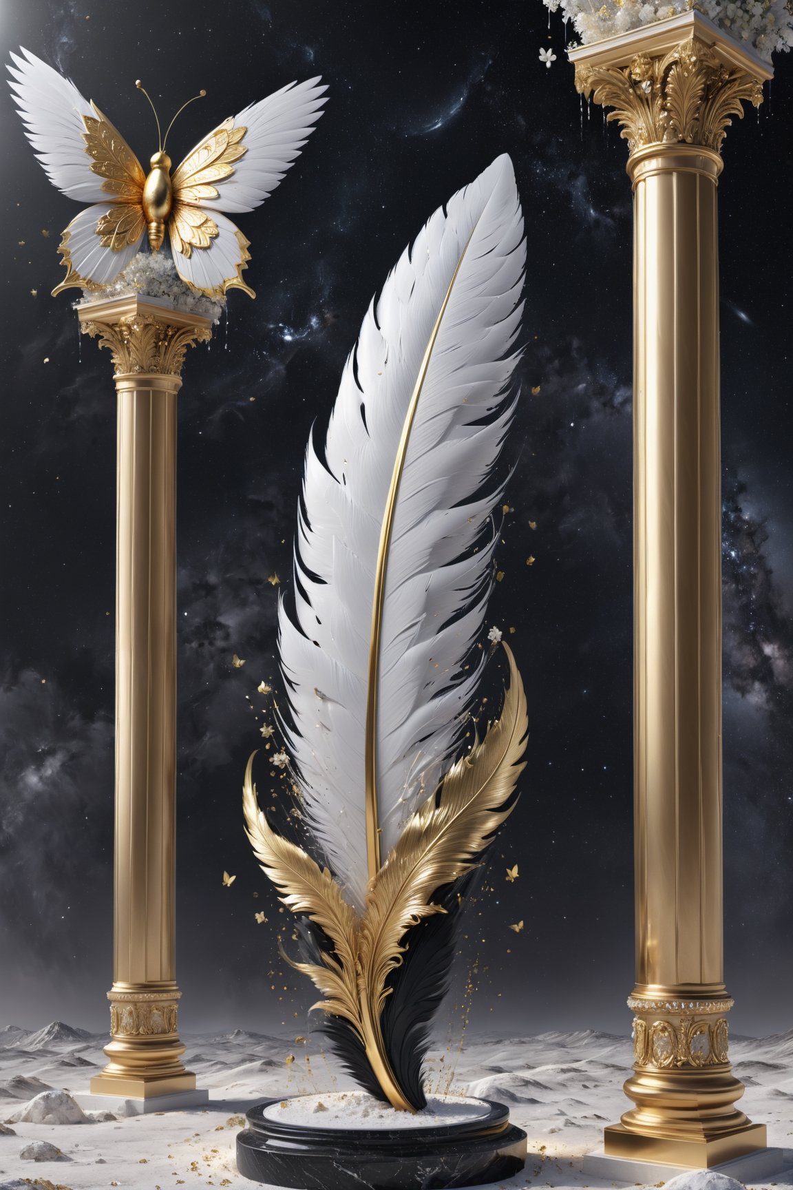 High definition photorealistic render of an incredible and mysterious beautiful and luxurious feminine luxurious feather with intricate gold and white marble details and with wings adorning the design, placed on a luxurious column-style in black and white marble with crystal and glass with iridescent details and parametric style, located in a desert night landscape, a sky visible to interstellar space, with asteroids, space matter, galaxies, lightning, rain and stars with flowers, white and red feathers and butterflies, a surreal scene with floating sands
