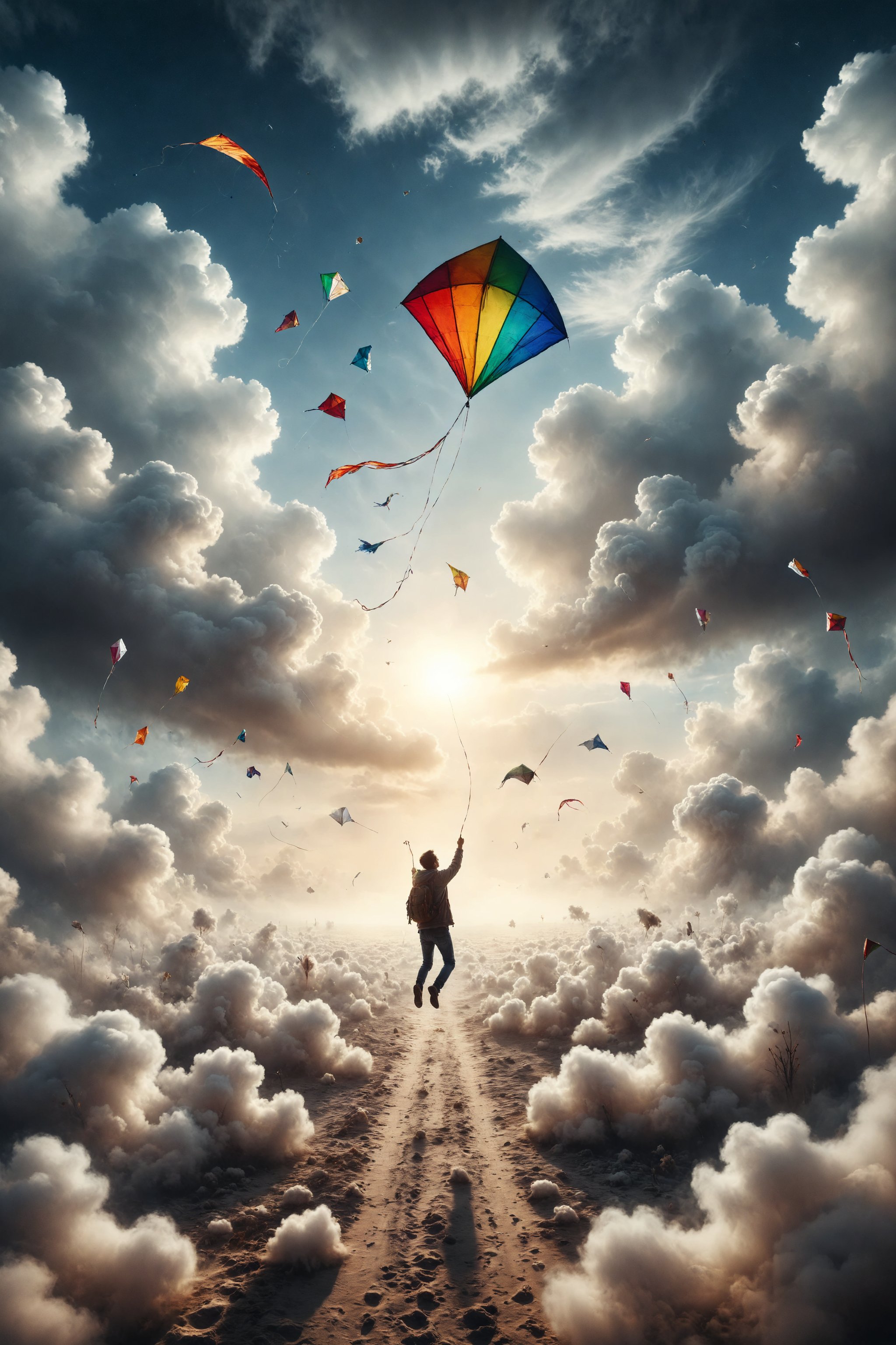 Design a scene of a person flying with a kite in a sky full of cotton clouds.