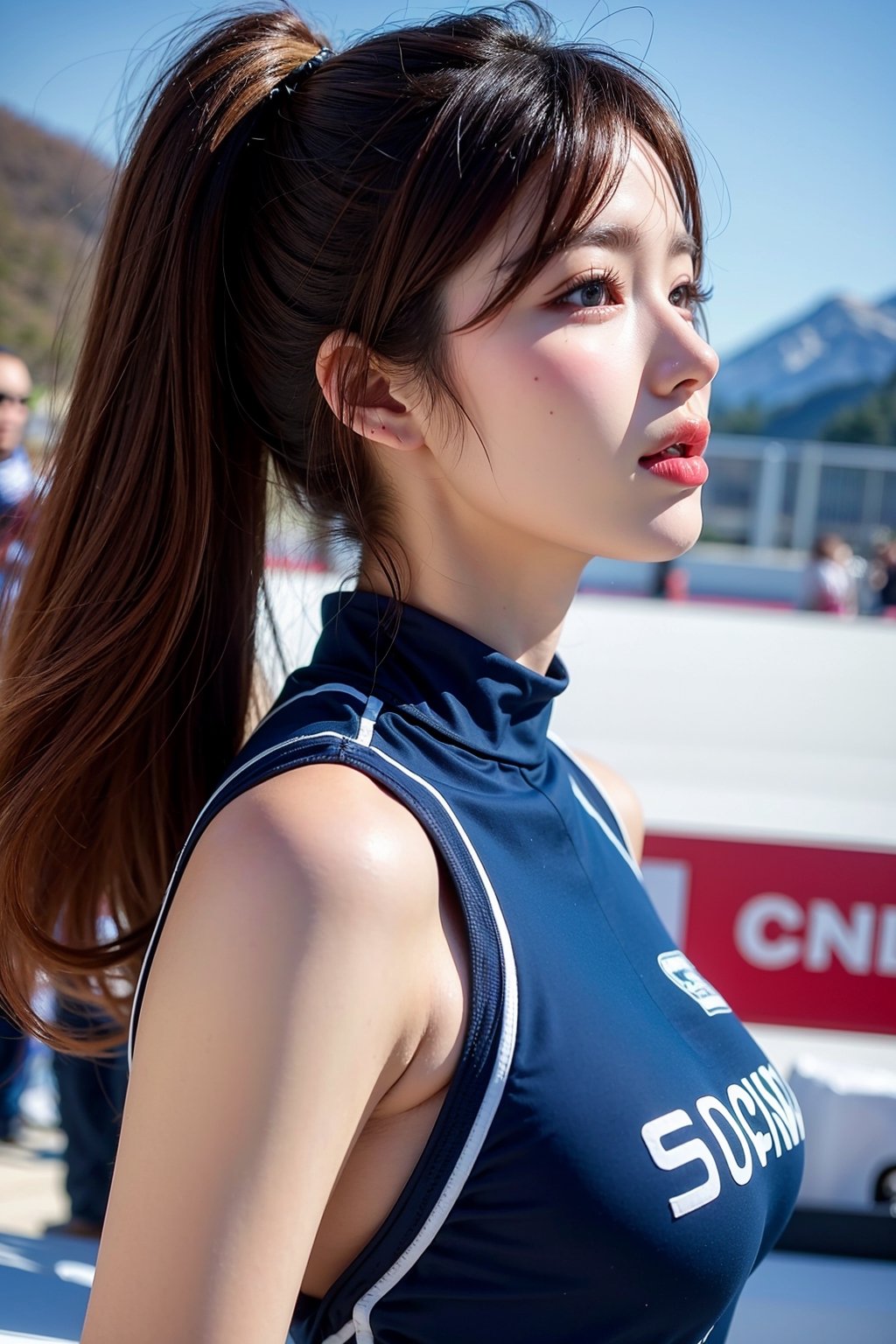 sexy 22years old korean adult girl, various hair, Sunlight, snowboarding at a ski resort, Beautiful fingertips, huge_breasts, high-quality, High class), face perfect, Perfect, clean, Beautiful expression, beautiful eyes, shiny, (Drooping eyes), soft clean focus, realistic lighting and shading, (an extremely delicate and beautiful art), elegant, active angle, //Quality RAW photo, portrait, best quality, high res, realistic face body, //Fashion (various color detailed push up enamel sexy sport uniform), realistic breast, realistic nipple, small areola, ((whole_body:1.5))