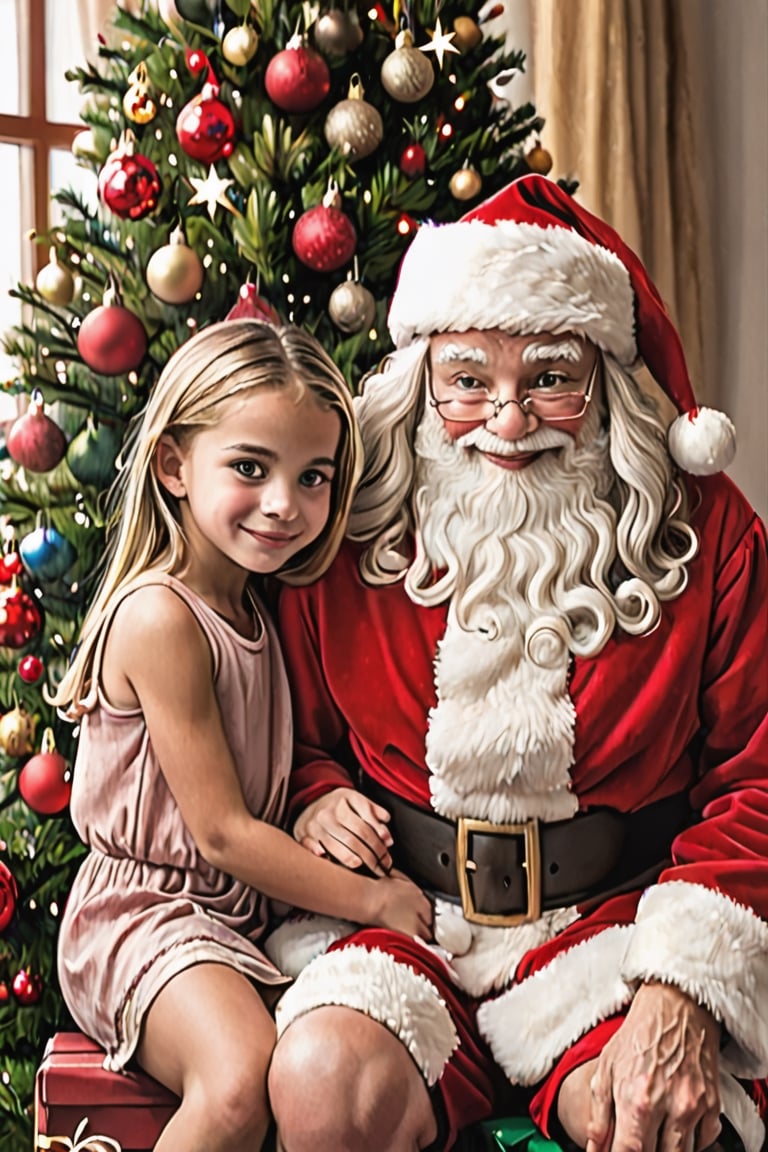 Santa Claus and a girl pose in front of the Christmas tree, Santa Claus, Santa Claus, Santa Claus, girl sitting on Santa Claus' lap, children, by Nancy Spero, close-up photo, 2 0 1 0 Photos, Profile Pictures, Christmas, by Susan Heidi, festive, grand, 🕹️ 😎 🔫 🤖 🚬, seasonal, by Rhea Carmi, photo