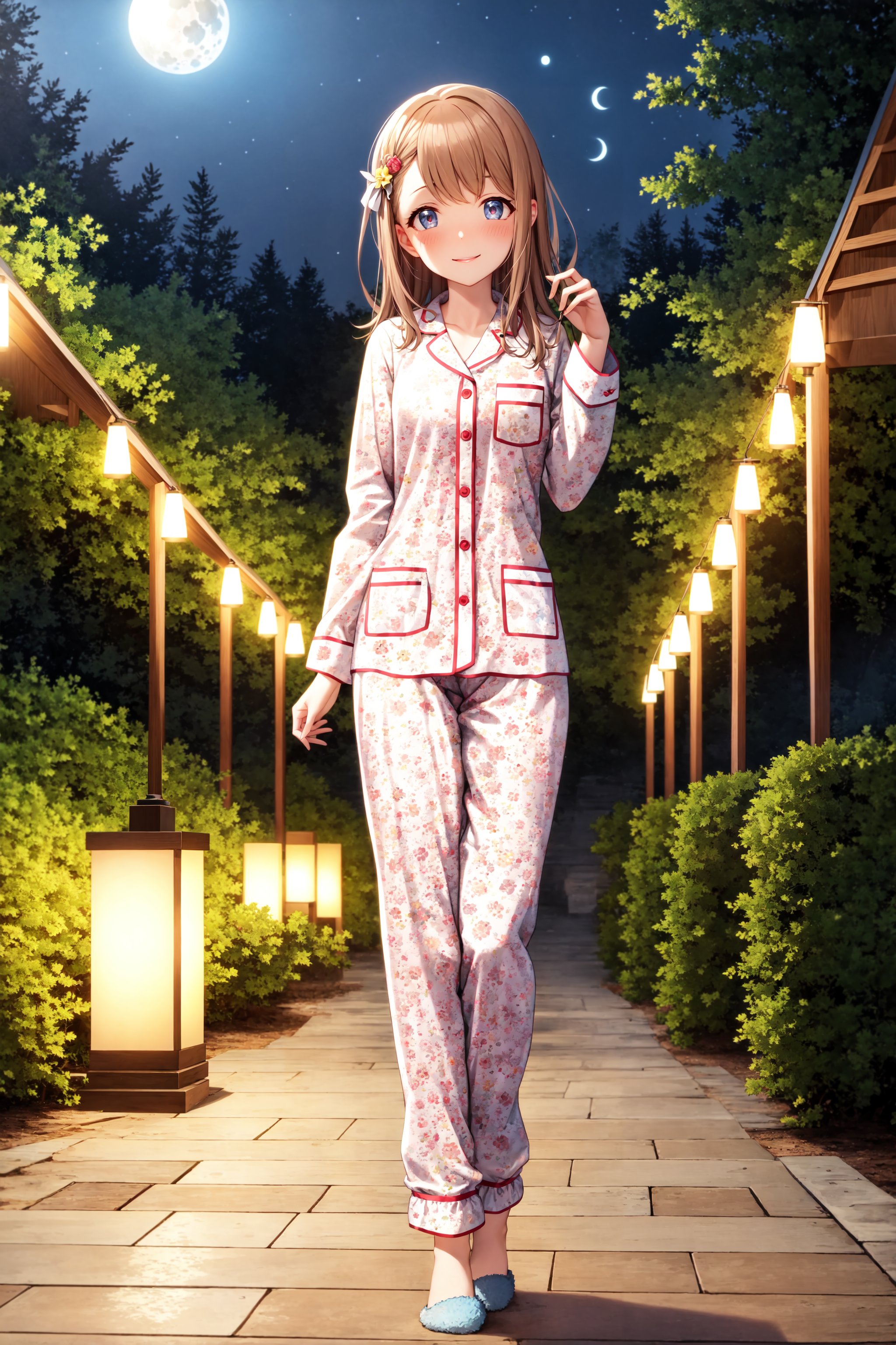 masterpiece, best quality, expressive eyes, smiling, blushing, closed mouth, white collared pajama, four cloth buttons, pajama pants, polka dots, pavillion, lamps, lake, forest, night, moon, stars, looking at the viewer, standing, full body, minori3rd, medium breasts