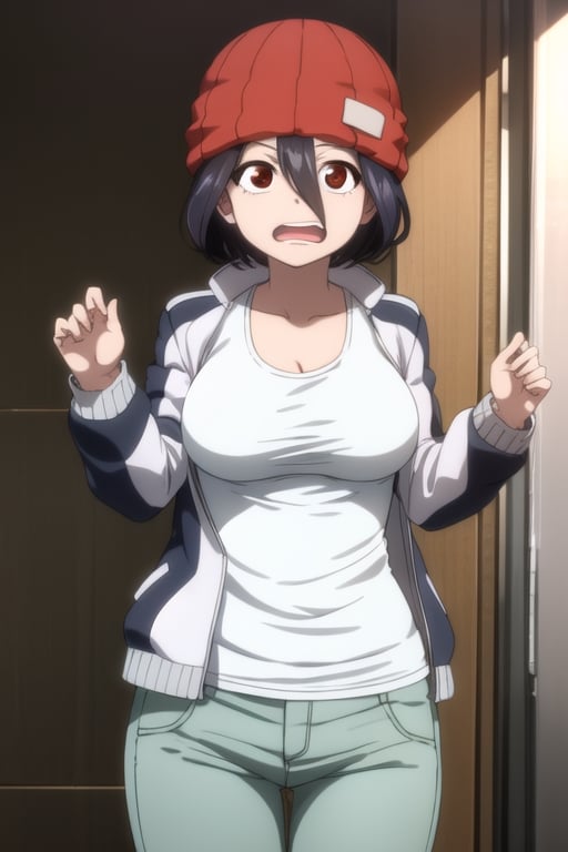 fuukoizumo,fuuko izumo, black hair, hair between eyes, (brown eyes:1.5), short hair,BREAK shirt, white shirt, jacket, open jacket, pants, denim, beanie, (red beanie:1.2),BREAK looking at viewer,BREAK indoors, classroom, (cowboy shot:1.5), (masterpiece:1.2), best quality, high resolution, unity 8k wallpaper, (illustration:0.8), (beautiful detailed eyes:1.6), extremely detailed face, perfect lighting, extremely detailed CG, (perfect hands, perfect anatomy), large_breast, thighs, from_side, open_mouth, wevy mouth, very_nervous_face, hands_on_chest,