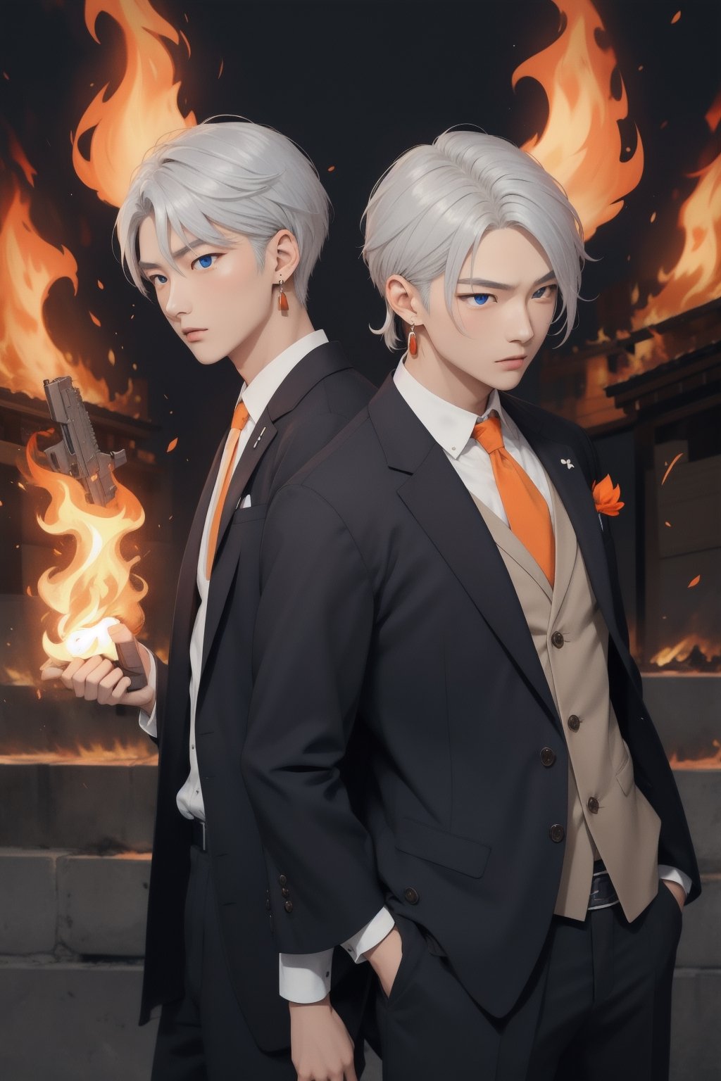 intricate detail, two young Japansehandsome males with suit and holding guns, fighting, blue eyes, handsome, earrings, silver hair, earrings, big blue flame, big orange flame, 