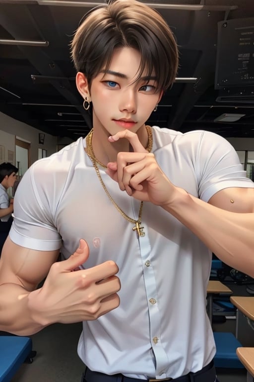  handsome asian boy, 18 year old, kpop,ikemen, dancing, school uniform,  blue eyes, handsome, earrings, gold necklace,  blond hair, slim muscle, physique, fitness model,  close up,ikemen, handsome asian male, kpop,young ikemen, sharp dancing, 
