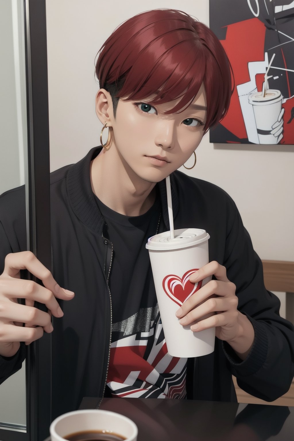 intricate detail, male face,ikemen, kpop, holding a paper coffee cup with heart logos, green eyes, handsome, earrings, glittering wine red color hair with stylish hair style, selfie, stylish, black jacket and white T-shirt with vivid color design art, earrings, young handsome asian male, vivid color, infront of mirror, realistic skin color, realistic right reflection