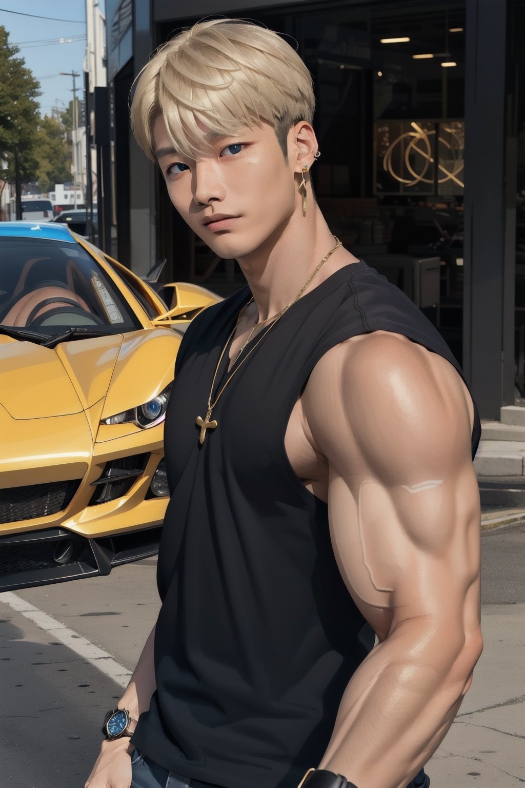 intricate detail, 18 year old, young handsome asian male wearing black tanktop, kpop,ikemen, blue eyes, handsome, earrings, gold necklace, luxuary golden omega watch,  blond hair, big muscle, physique, fitness model, wealthy, in front of glittering blue color supercar