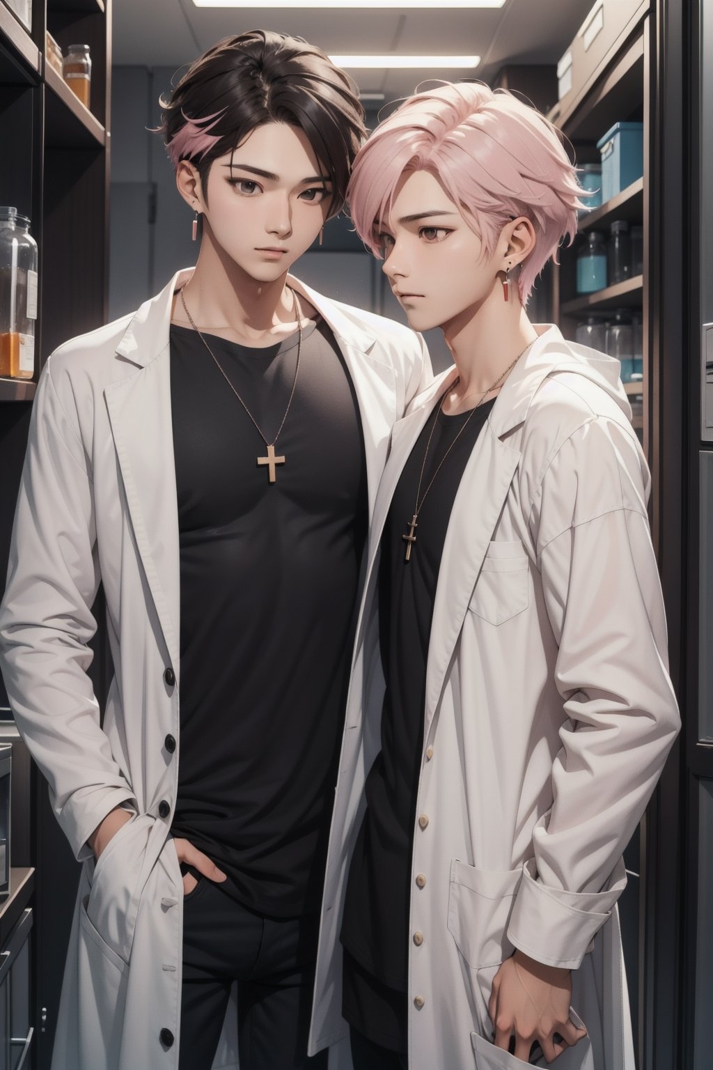 gay male relationship,male face,ikemen, kpop,ikemen, kpop,ikemen, handsome, black t-shirt, necklace, earrings, pink blond hair, white coat, mad scientist, lab