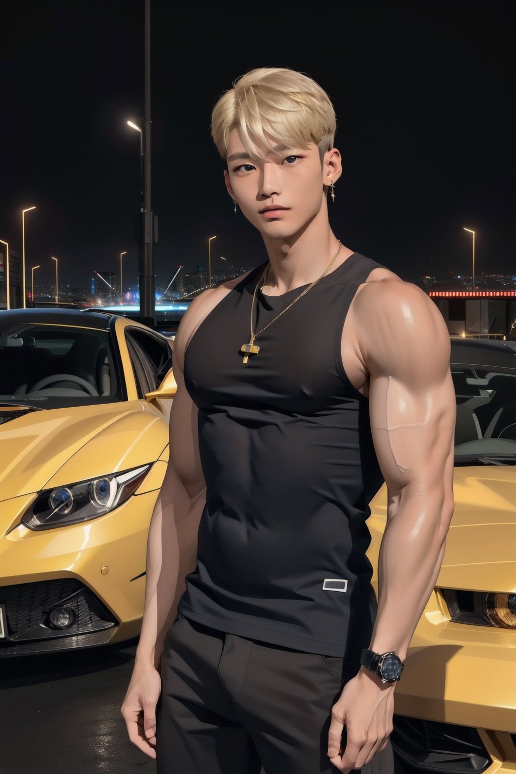 intricate detail, 18 year old, young handsome asian male wearing black tanktop,  kpop,ikemen, blue eyes, handsome, earrings, gold necklace, luxuary golden omega watch,  blond hair, big muscle, physique, fitness model, wealthy, billionair,  standing, in front of glittering supercar,  dubai night background