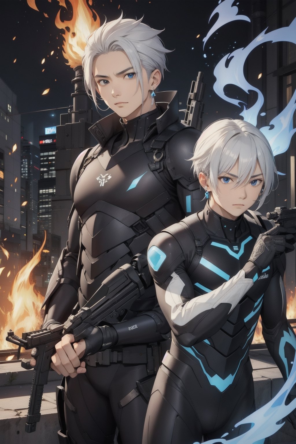 intricate detail, two young Japansehandsome males with combat suits and holding guns, fighting, blue eyes, handsome, earrings, silver hair, earrings, big blue flame, big orange flame,