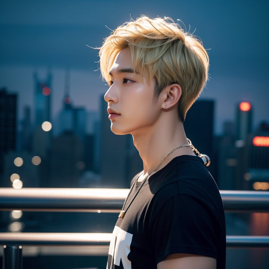 masterpiece, realistic, top quality, super cool young asian super handsome male with short blond hair, from side, kpop idol, music video, Instagram, stylish and fashionable clothes, necklace, black t shirt, nyc background, night, cool atmosphere,