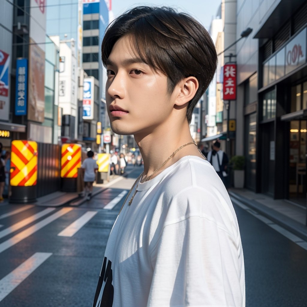 masterpiece, realistic, top quality, super cool young asian super handsome male with short blond hair, from side, kpop idol, music video, Instagram, stylish and fashionable clothes, necklace, black t shirt, tokyo background, ginza, cool atmosphere, good lighting and reflexion, realistic skin, 