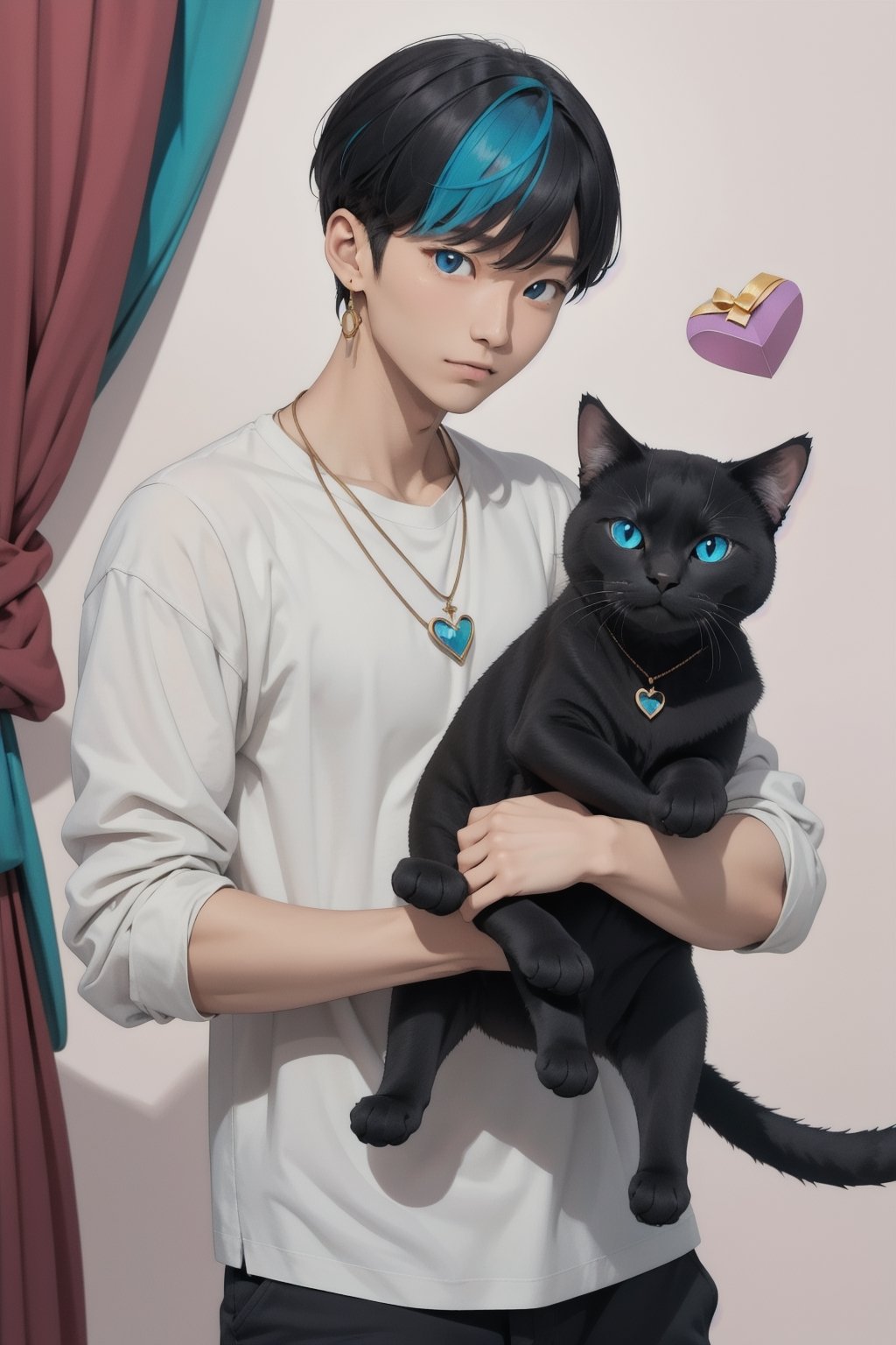 masterpiece, top quality, intricate detail, a young asian hansome male, 18 year old, short fashionable beautiful rainbow color hair, blue eyes, necklace, earrings, slim muscle, smooth skin, realistic skin, with holding a black cat, holding a paper coffee cup with pink heart logo, valentine's day