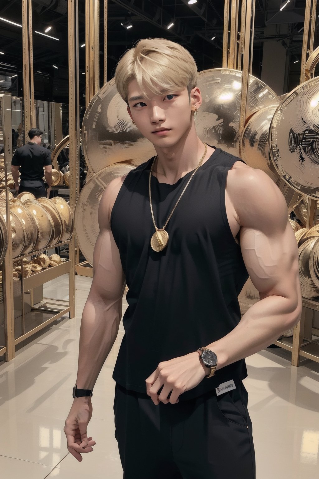 intricate detail, 18 year old, young handsome asian male wearing black tanktop,  kpop,ikemen, blue eyes, handsome, earrings, gold necklace, luxuary golden omega watch,  blond hair, big muscle, physique, fitness model, wealthy, billionair,  standing, in front of thousands of gold coins of bitcoin, 