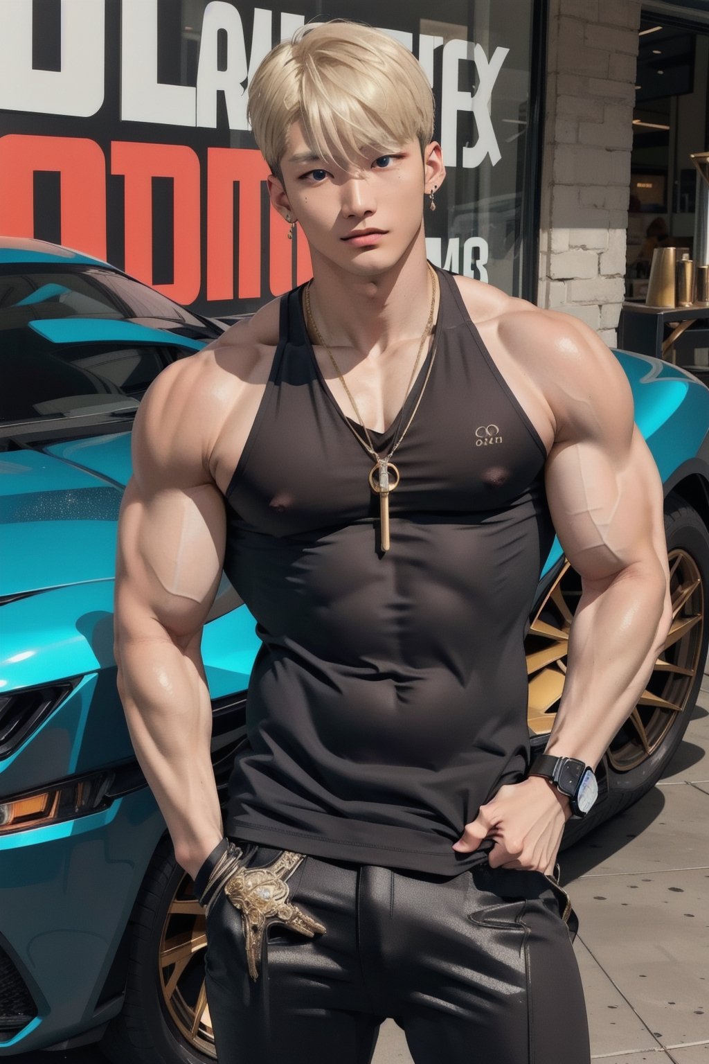 intricate detail, 18 year old, young handsome asian male wearing black tanktop, kpop,ikemen, blue eyes, handsome, earrings, gold necklace, luxuary golden omega watch,  blond hair, big muscle, physique, fitness model, wealthy, standing along with young beautiful asian lady with sexy dance clothes and blond hair, in front of glitterinng blue supercar