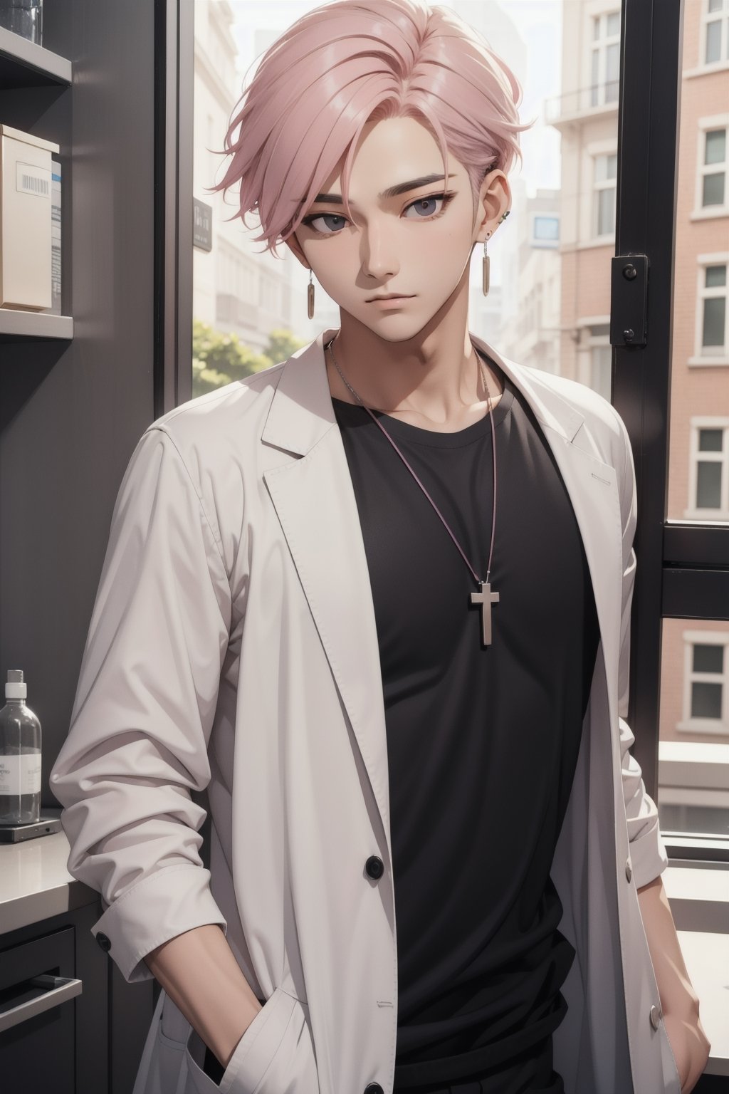 gay male relationship,male face,ikemen, kpop,ikemen, kpop,ikemen, handsome, black t-shirt, necklace, earrings, pink blond hair, white coat, mad scientist, lab