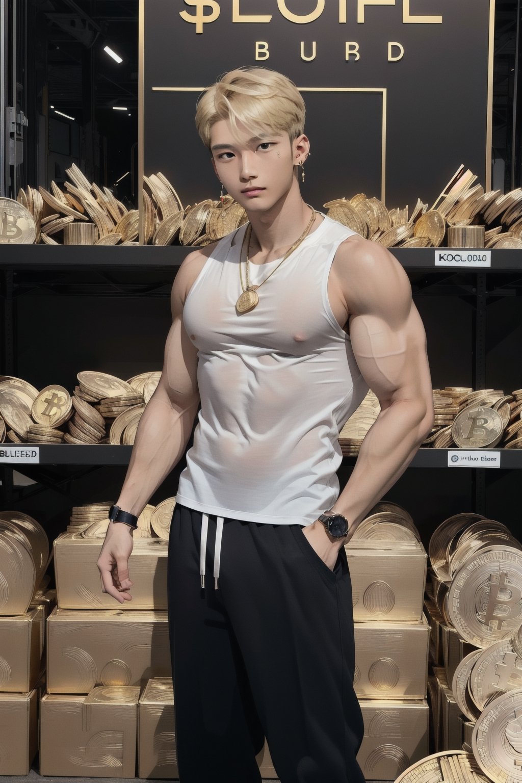 intricate detail, 18 year old, young handsome asian male wearing black tanktop,  kpop,ikemen, blue eyes, handsome, earrings, gold necklace, luxuary golden omega watch,  blond hair, big muscle, physique, fitness model, wealthy, billionair,  standing, in front of thousands of gold coins of bitcoin, doing lecture