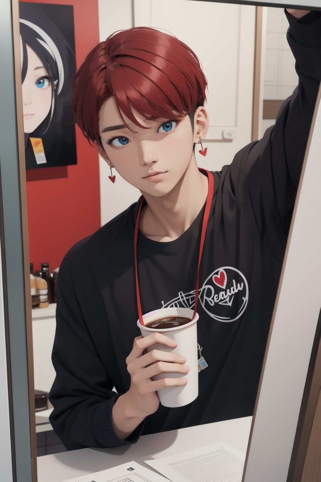intricate detail, male face,ikemen, kpop, holding a paper coffee cup with heart logos, blue eyes, handsome, earrings, glittering wine red color hair with stylish hair style, selfie, stylish, black jacket and white T-shirt with vivid color design art, earrings, young handsome asian male, vivid color, infront of mirror, realistic skin color, realistic right reflection