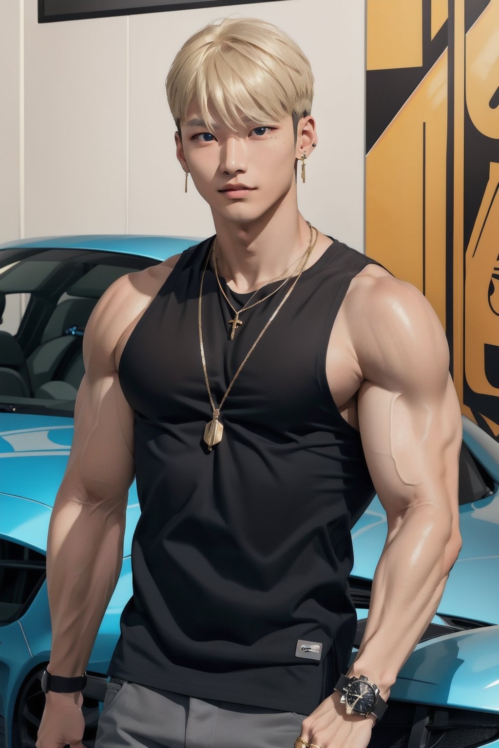 intricate detail, 18 year old, young handsome asian male wearing black tanktop, kpop,ikemen, blue eyes, handsome, earrings, gold necklace, luxuary golden omega watch,  blond hair, big muscle, physique, fitness model, wealthy, in front of glittering blue color supercar