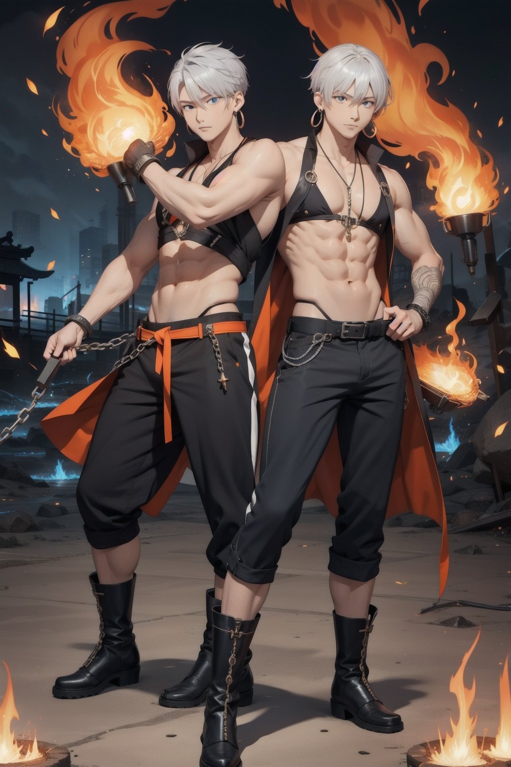 intricate detail, two young Japansehandsome males with black lether tanktop and bekini, abs, boot, chains,  holding guns, fighting, blue eyes, handsome, earrings, silver hair, earrings, big blue flame, big orange flame, 