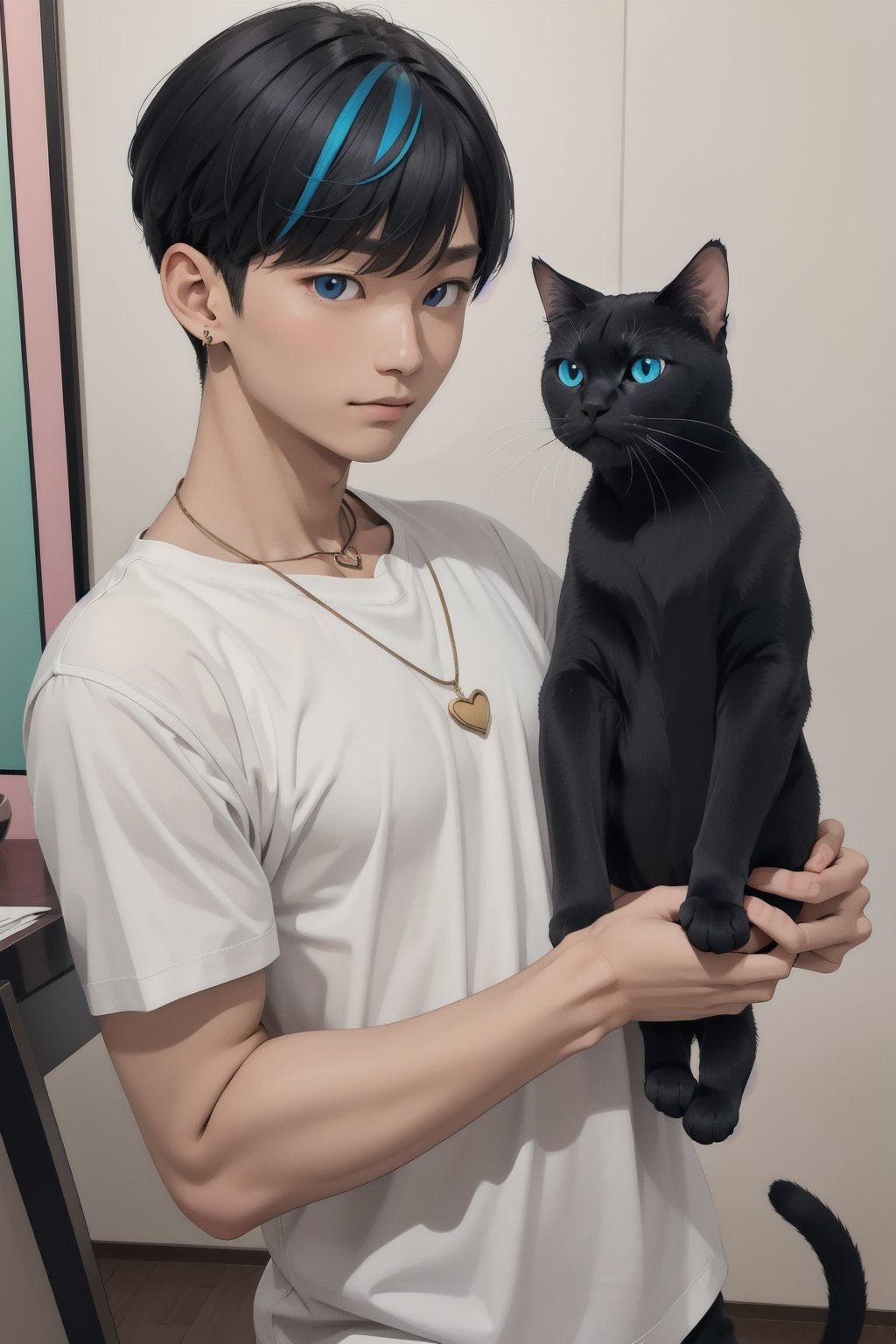 masterpiece, top quality, intricate detail, a young asian hansome male, 18 year old, short fashionable beautiful rainbow color hair, blue eyes, necklace, earrings, slim muscle, smooth skin, realistic skin, with holding a black cat, holding a paper coffee cup with pink heart logo, valentine's day