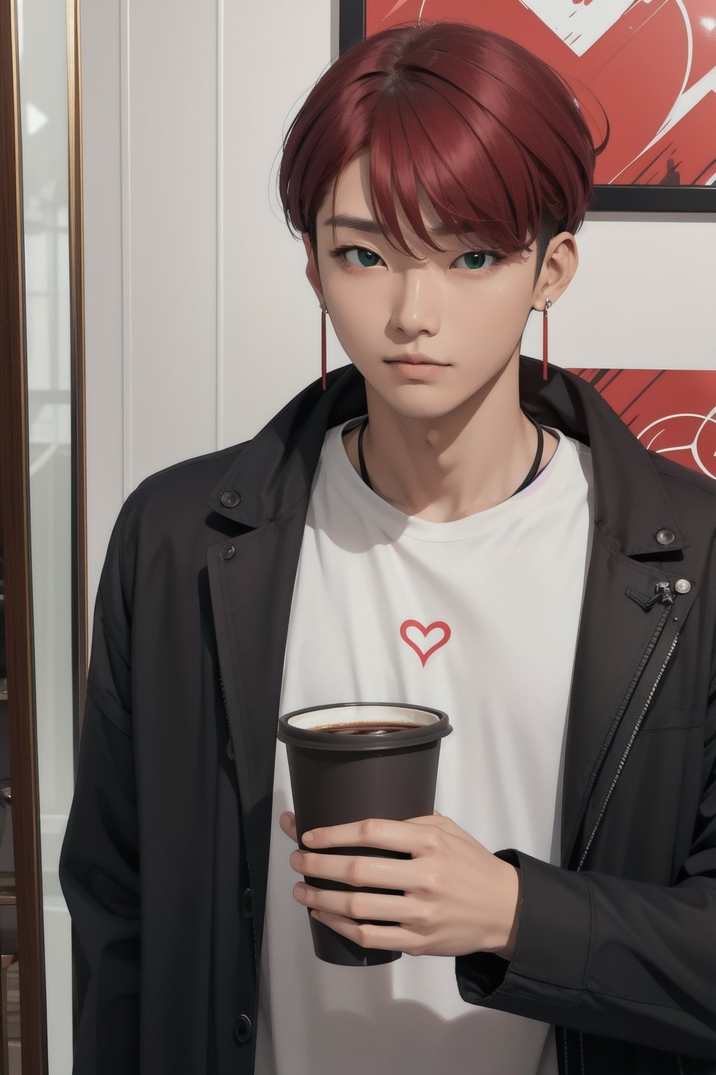 intricate detail, male face,ikemen, kpop, holding a paper coffee cup with heart logos, green eyes, handsome, earrings, glittering wine red color hair with stylish hair style, selfie, stylish, black jacket and white T-shirt with vivid color design art, earrings, young handsome asian male, vivid color, infront of mirror, realistic skin color, realistic right reflection