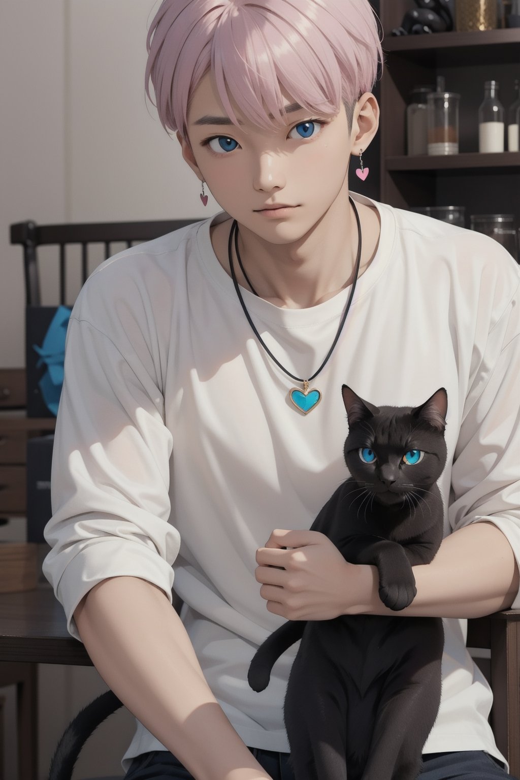 masterpiece, top quality, intricate detail, a young asian hansome male, 18 year old, short fashionable beautiful rainbow color hair, blue eyes, necklace, earrings, slim muscle, smooth skin, realistic skin, with holding a black cat, holding a paper coffee cup with pink heart logo, valentine's day