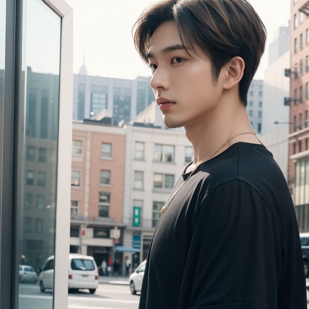 masterpiece, realistic, top quality, super cool young asian super handsome male with short blond hair, from side, kpop idol, music video, Instagram, stylish and fashionable clothes, necklace, black t shirt, nyc background, cool atmosphere, good lighting and reflexion, realistic skin, 