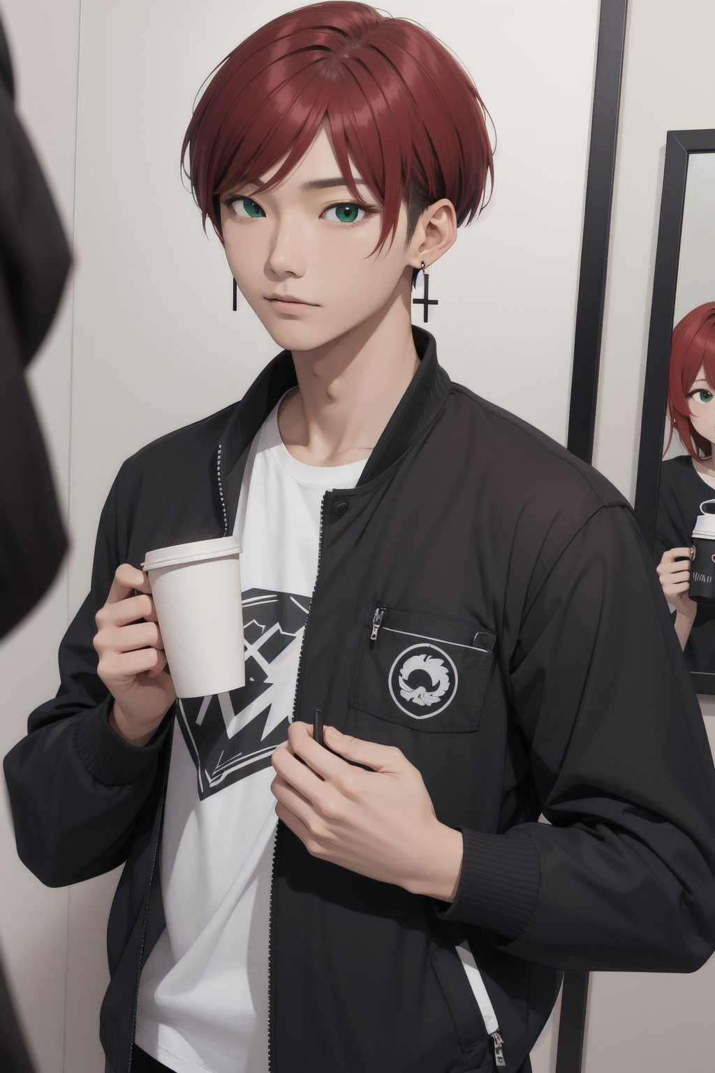 intricate detail, male face,ikemen, kpop, holding a paper coffee cup with heart logos, green eyes, handsome, earrings, glittering wine red color hair with stylish hair style, selfie, stylish, black jacket and white T-shirt with vivid color design art, earrings, young handsome asian male, vivid color, infront of mirror, realistic skin color, realistic right reflection