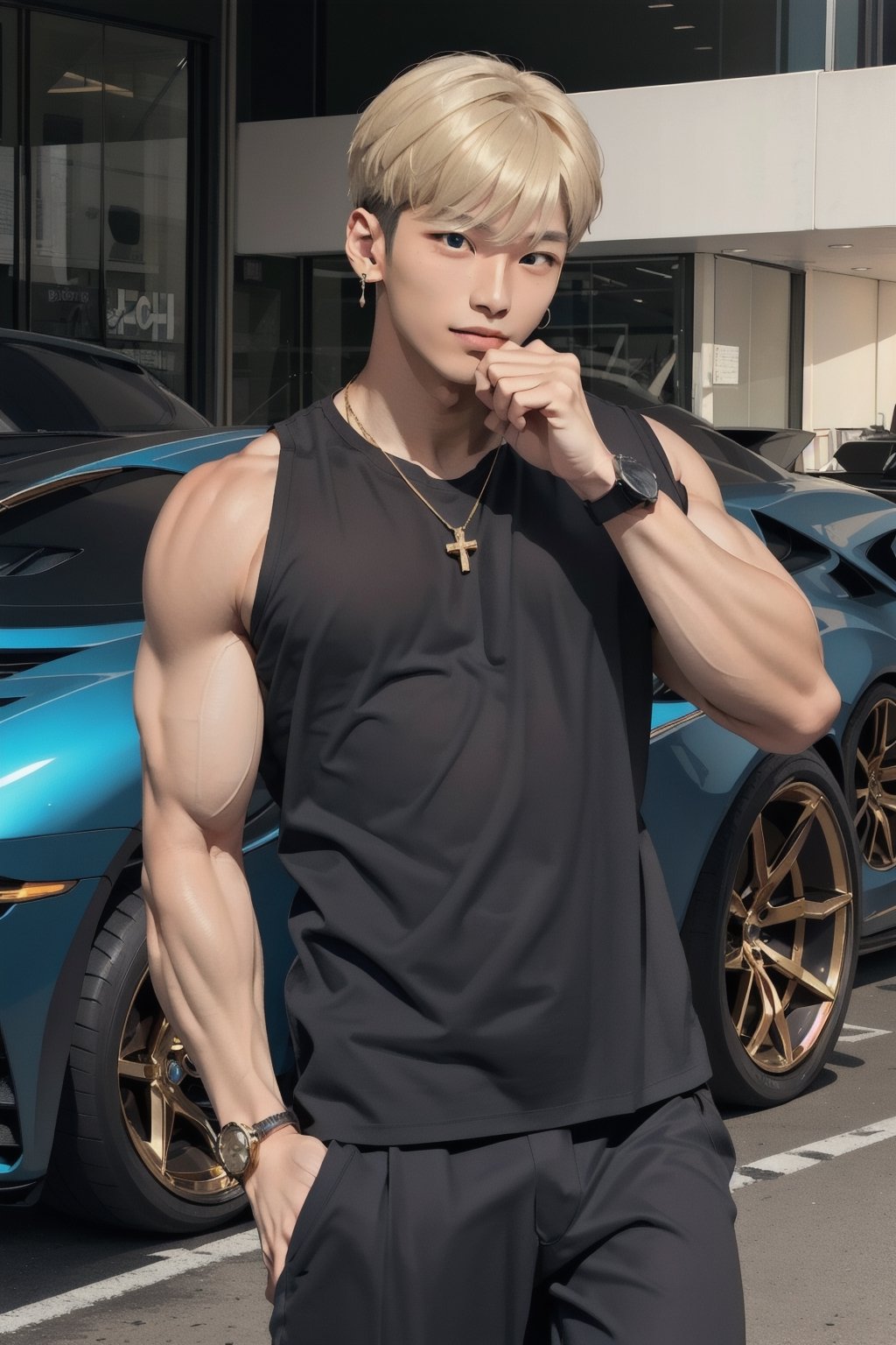 intricate detail, 18 year old, young handsome asian male wearing black tanktop, kpop,ikemen, blue eyes, handsome, earrings, gold necklace, luxuary golden omega watch,  blond hair, big muscle, physique, fitness model, wealthy, in front of glittering blue color supercar