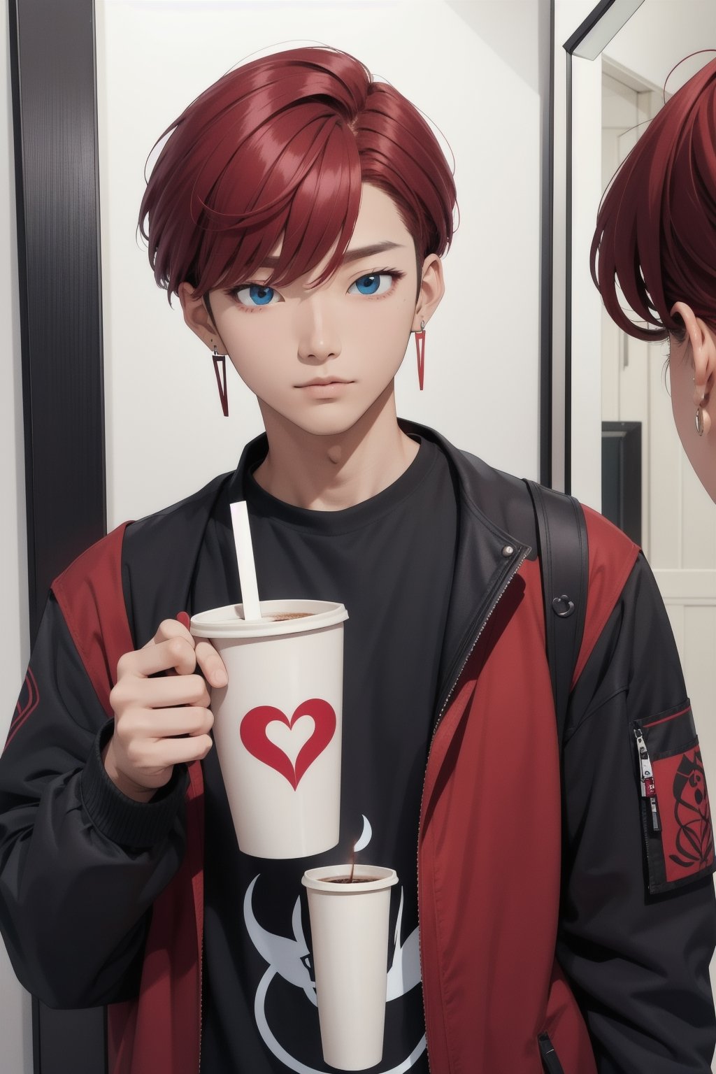 intricate detail, male face,ikemen, kpop, holding a paper coffee cup with heart logos, blue eyes, handsome, earrings, glittering wine red color hair with stylish hair style, selfie, stylish, jacket and T-shirt with vivid color design art, earrings, young handsome asian male, vivid color, infront of mirror, realistic skin color, realistic right reflection