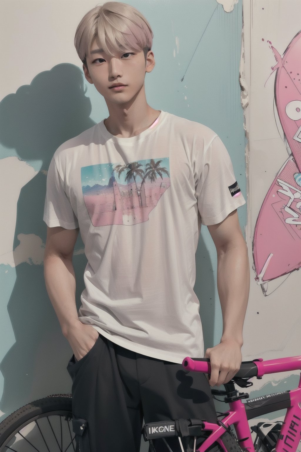pastel colors, handsome asian boy with a design art printed white t-shirt and a brown half cargo pants, intricate detail, random hairstyle with pink blond, a surf board with vivid colors and a bicycle on white wall, a stylish room of boy,ikemen, handsome asian male, kpop