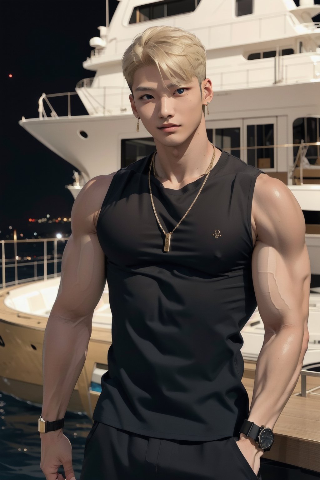 intricate detail, 18 year old, young handsome asian male wearing black tanktop,  kpop,ikemen, blue eyes, handsome, earrings, gold necklace, luxuary golden omega watch,  blond hair, big muscle, physique, fitness model, wealthy, billionair,  standing,  luxuary yacht,  dubai night background