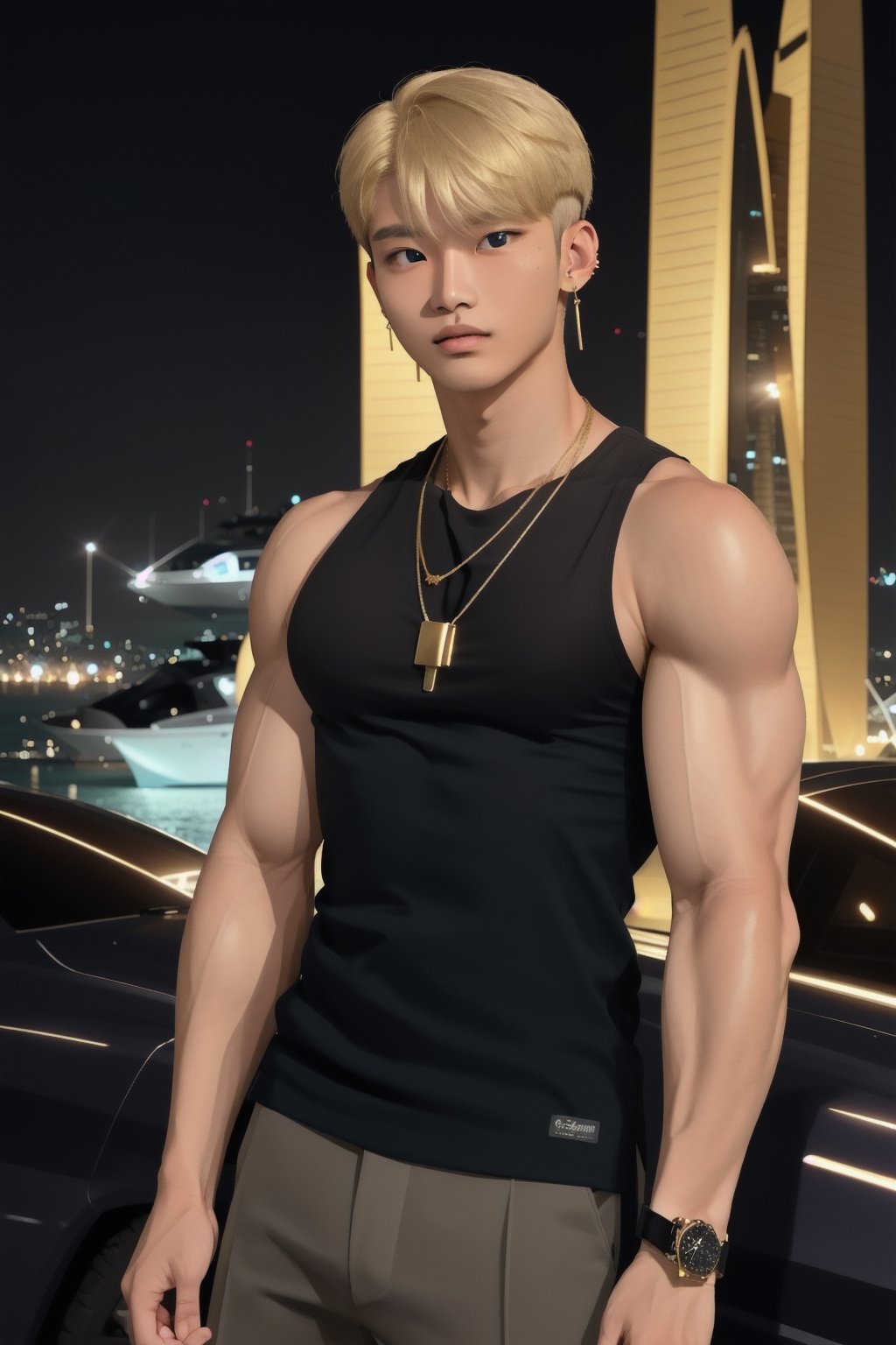 intricate detail, 18 year old, young handsome asian male wearing black tanktop,  kpop,ikemen, blue eyes, handsome, earrings, gold necklace, luxuary golden omega watch,  blond hair, big muscle, physique, fitness model, wealthy, billionair,  standing, in front of luxuary yatch,  dubai night background