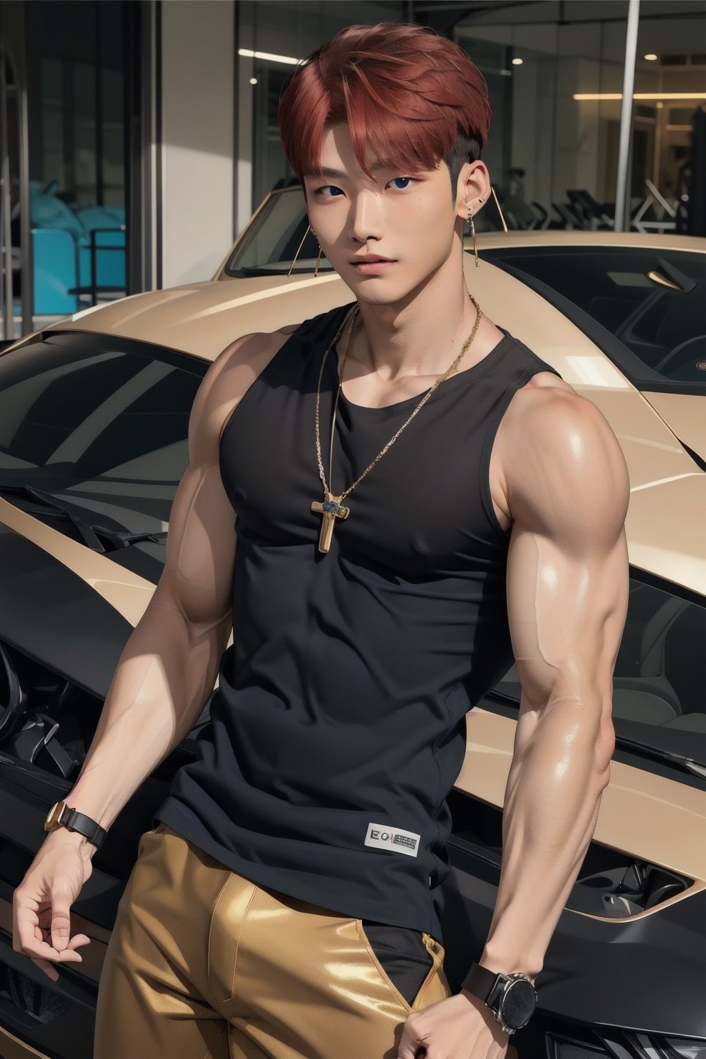 intricate detail, 18 year old, young handsome asian male wearing black tanktop, kpop,ikemen, blue eyes, handsome, earrings, gold necklace, luxuary golden omega watch,  red hair, muscle, physique, fitness model, wealthy, in front of glittering blue color supercar