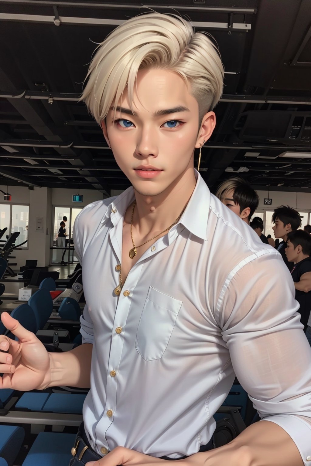  handsome asian boy, 18 year old, kpop,ikemen, dancing, school uniform,  blue eyes, handsome, earrings, gold necklace,  blond hair, slim muscle, physique, fitness model,  close up,ikemen, handsome asian male, kpop,young ikemen, sharp dancing, 
