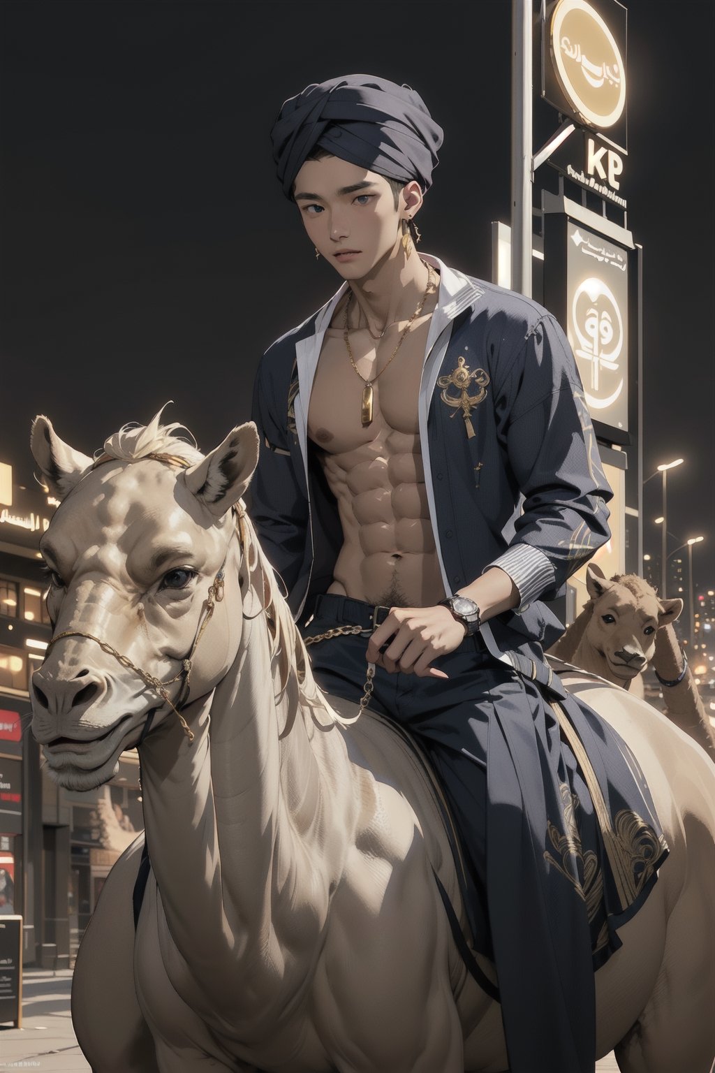 intricate detail, 18 year old, young handsome asian male wearing blue gorgeous underware with jewels,  kpop,ikemen, blue eyes, handsome, earrings, gold necklace, luxuary golden omega watch,  blond hair, big muscle, physique, fitness model, wealthy, billionair,  shirtless, turban, riding a camel,   dubai night background